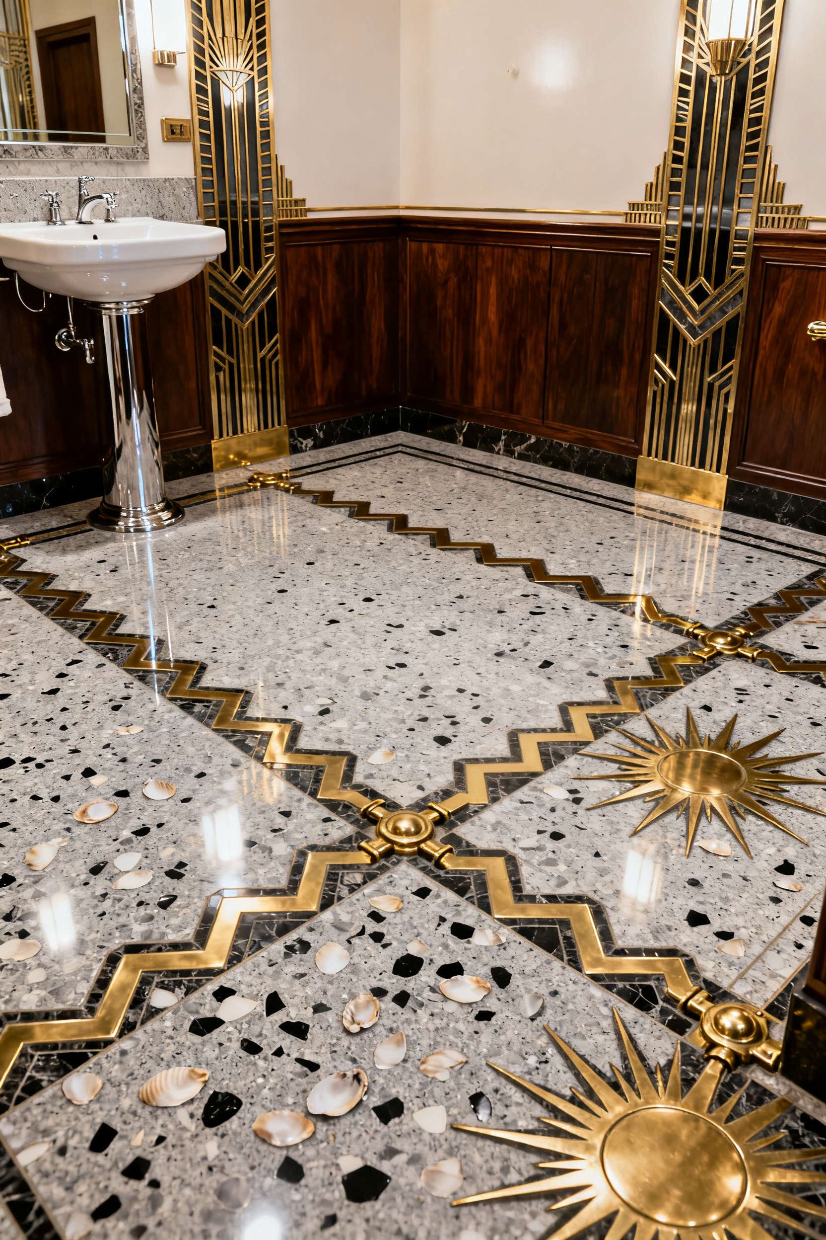 A luxurious Art Deco bathroom featuring intricate terrazzo flooring where polished brass control joints form stylized geometric patterns including zigzags and sunbursts.