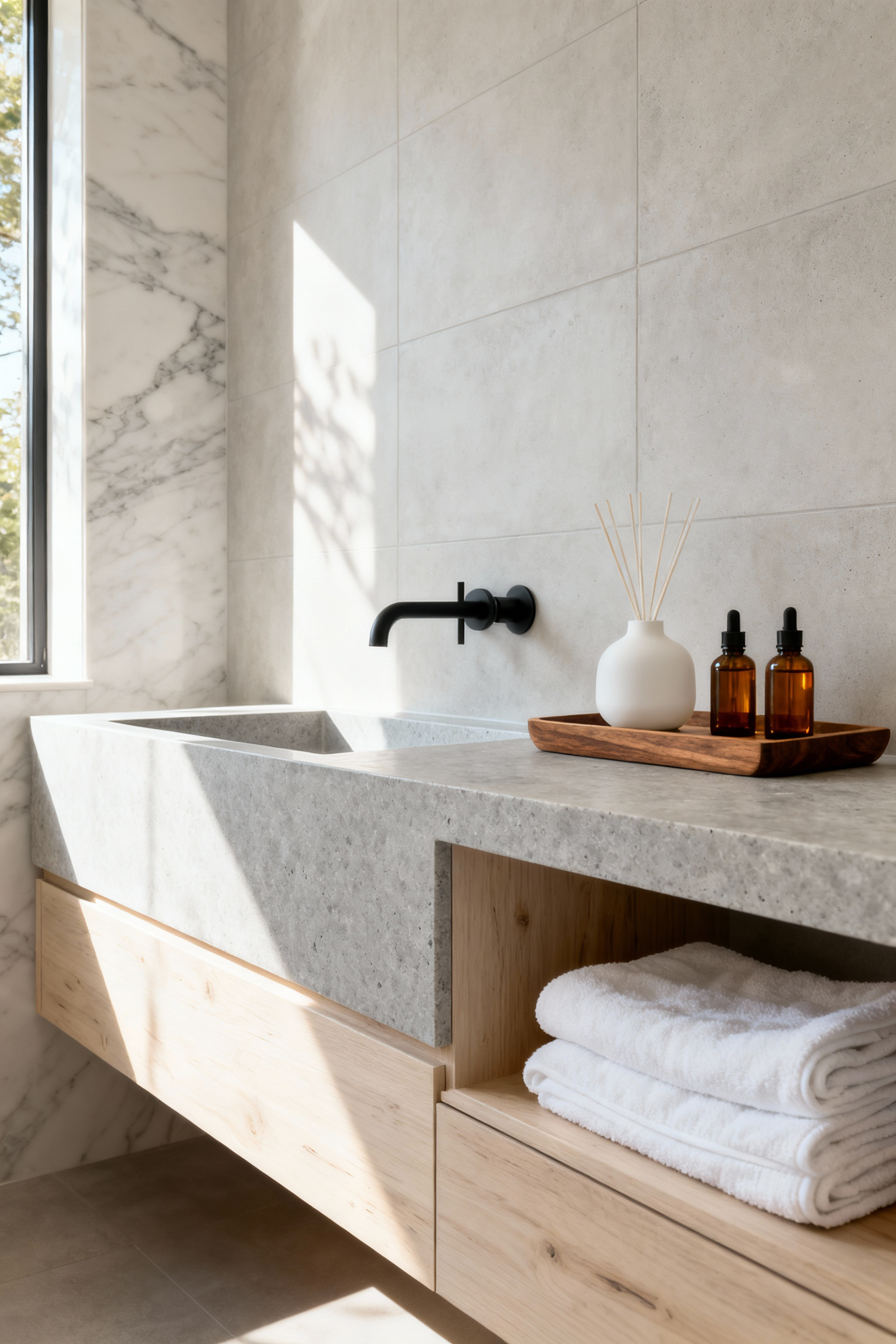 A photograph of a luxury bathroom featuring a floating Carrara marble vanity with the sink offset to the left, creating a wide dry zone holding essential oils and wellness items.