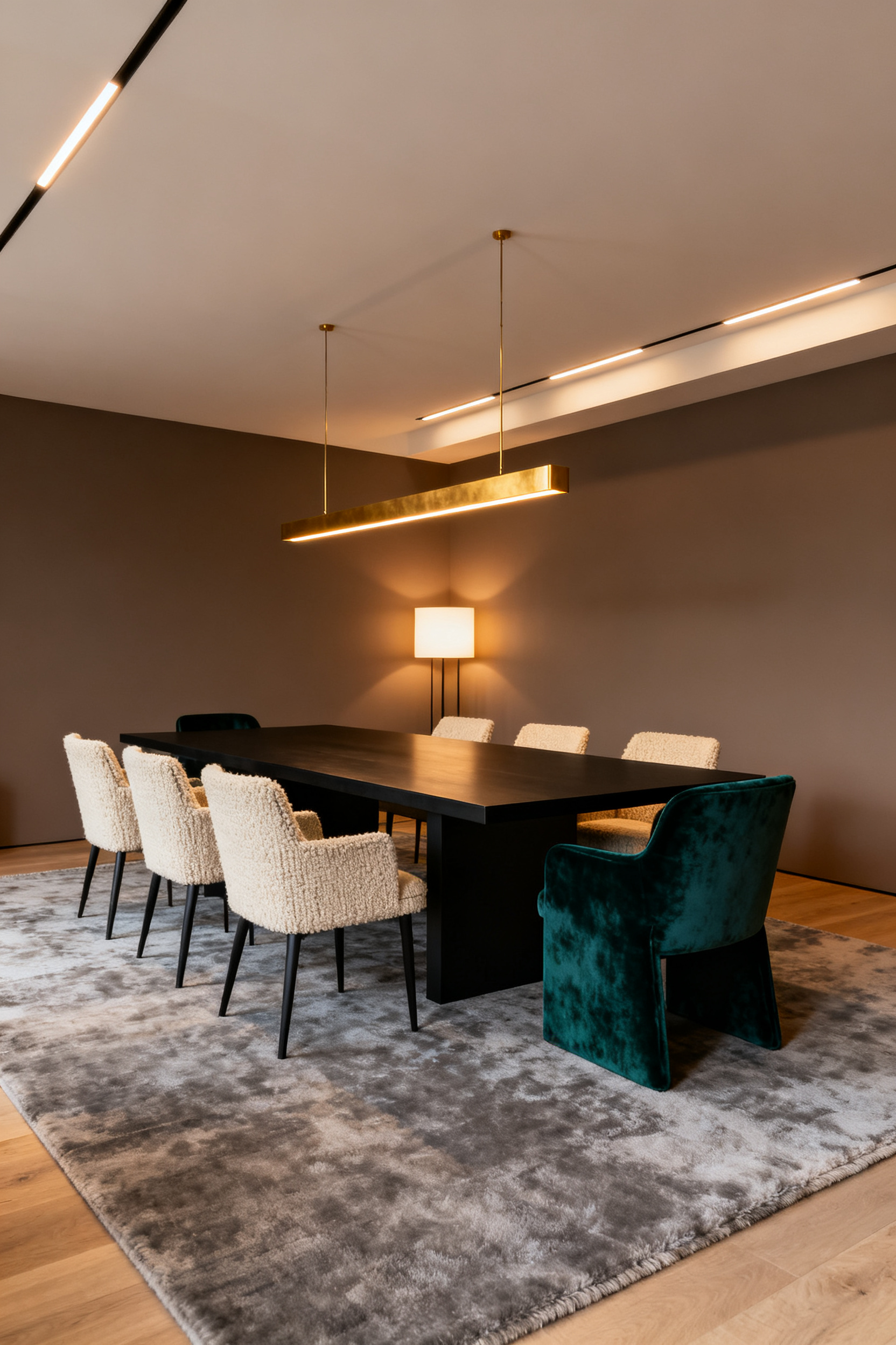 Modern dining room showcasing layered, warm atmospheric lighting and sound-dampening textiles, including velvet host chairs and a large textured rug, emphasizing acoustic comfort.