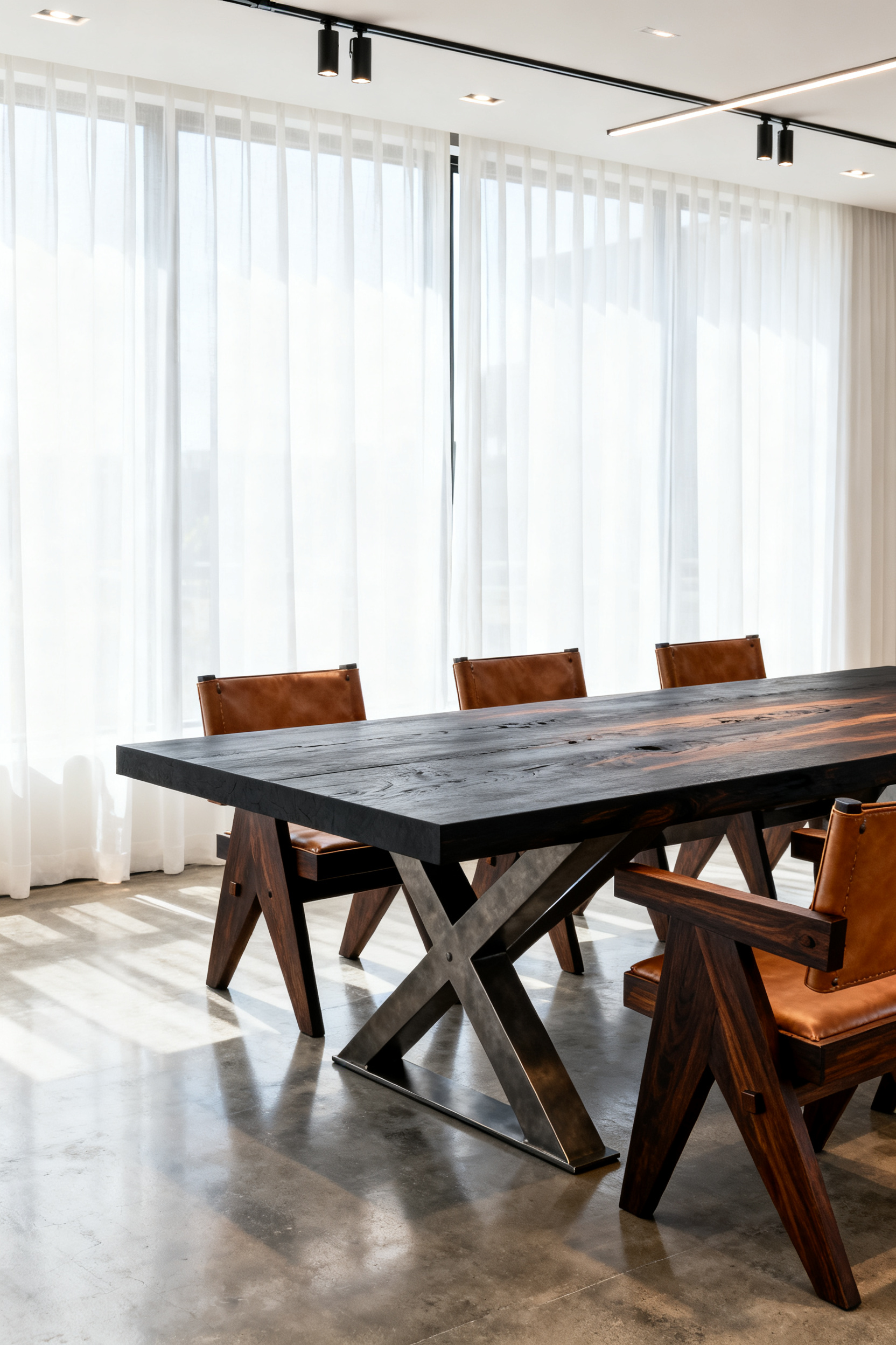 High-end modern dining room showcasing authentic design principles with a solid wood table and structurally sophisticated engineered steel base, emphasizing function and lasting quality.