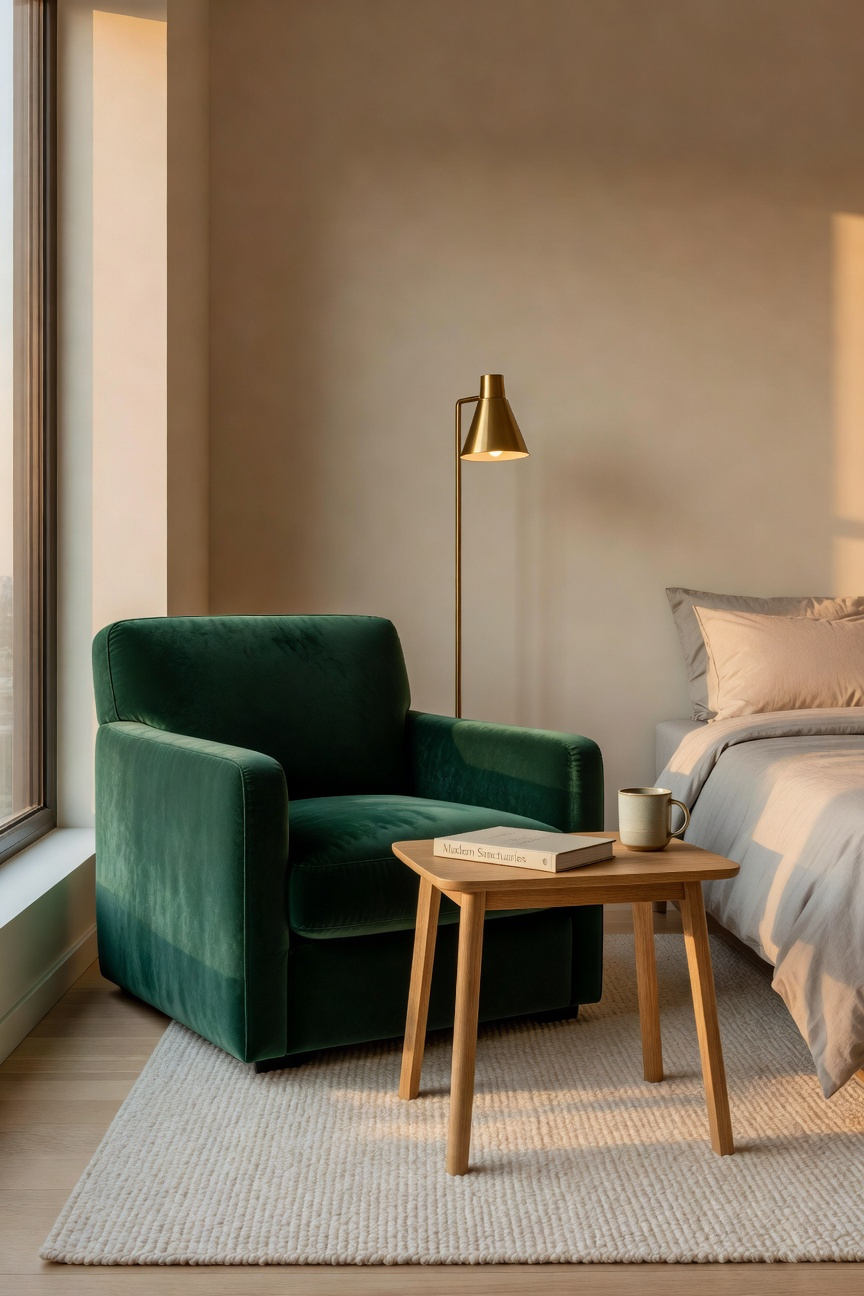 A stylish reading chair nook in a modern bedroom featuring a green velvet armchair, a floor lamp, and a book on a side table, positioned away from the bed.
