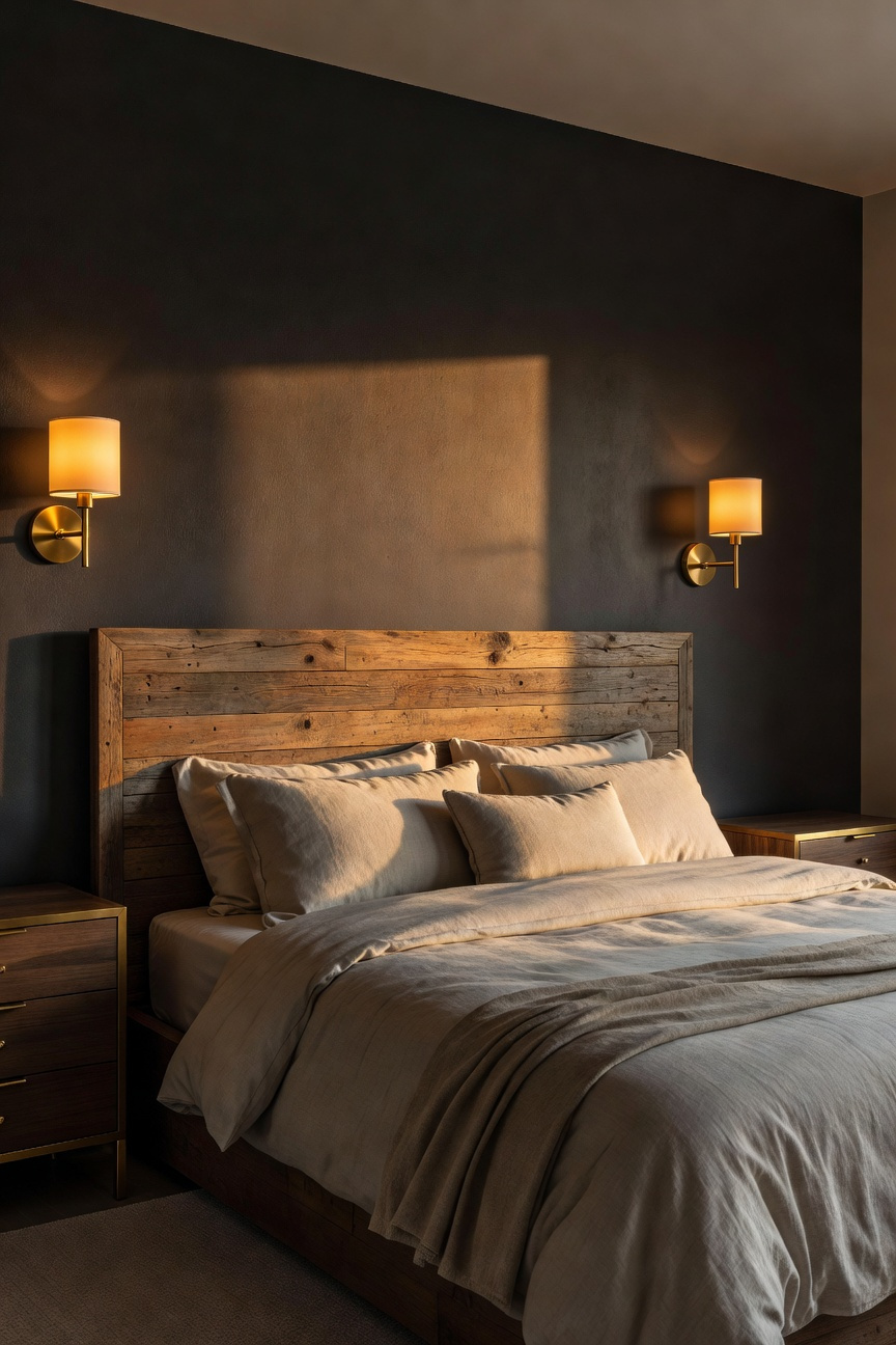 Elegant master bedroom with dim-to-warm brass sconces providing a sunset-like amber glow over a plush bed and modern furniture.