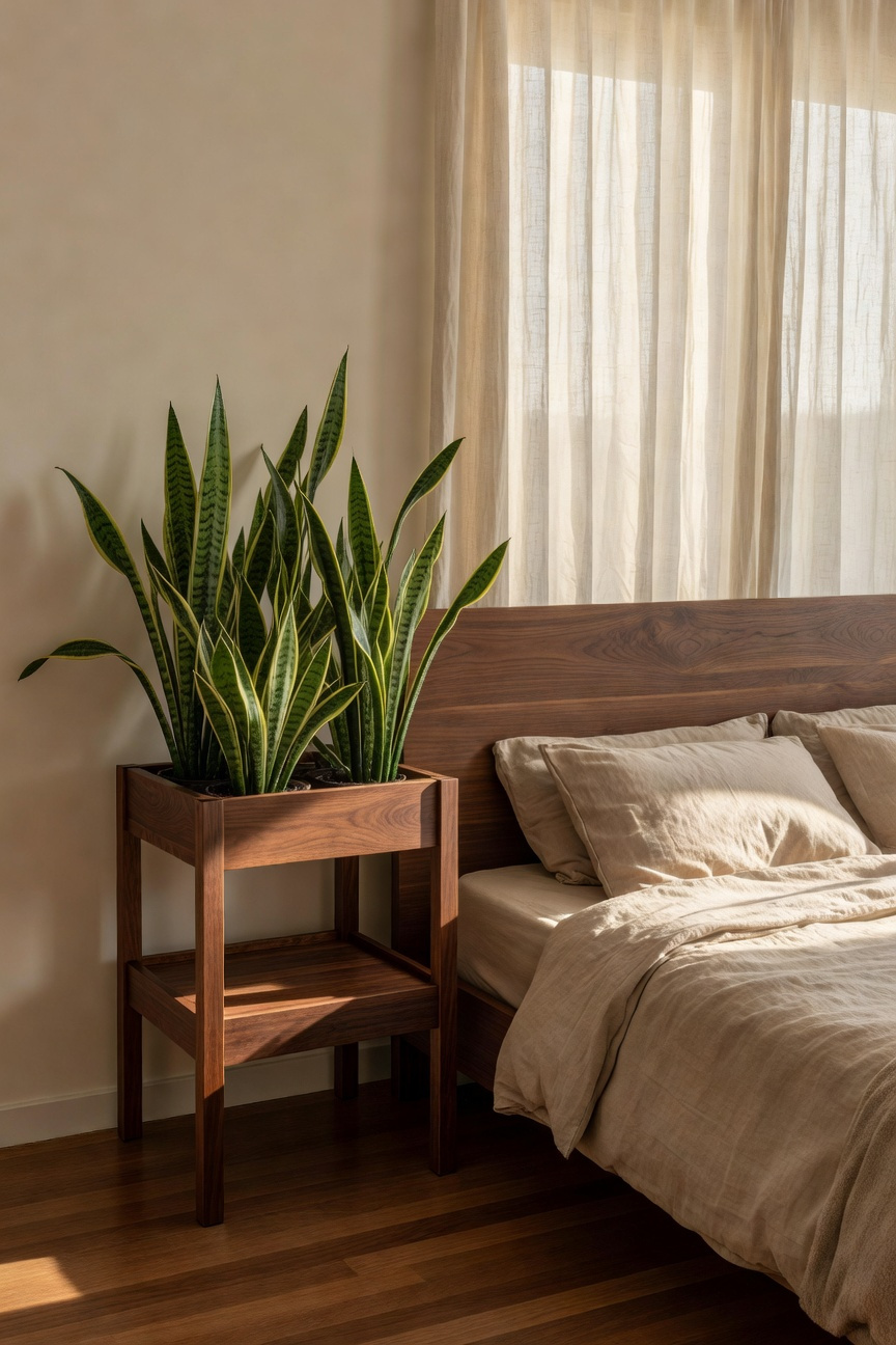 A stylish multi-tiered walnut plant stand with several snake plants in a modern bedroom setting next to a bed.