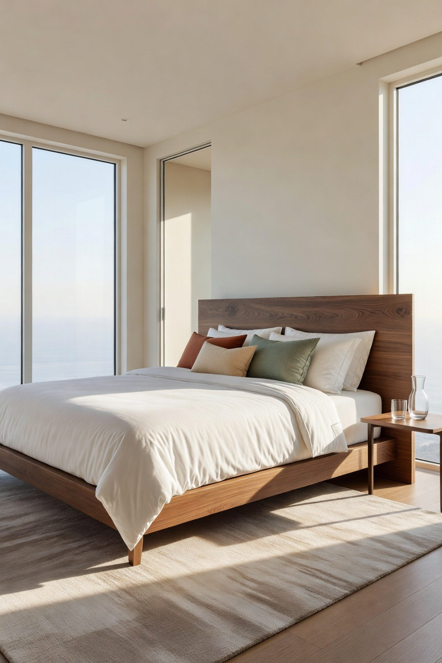 A bright master bedroom illustrating the command position with the bed placed diagonally from the entrance among stylish bedroom furniture decor.