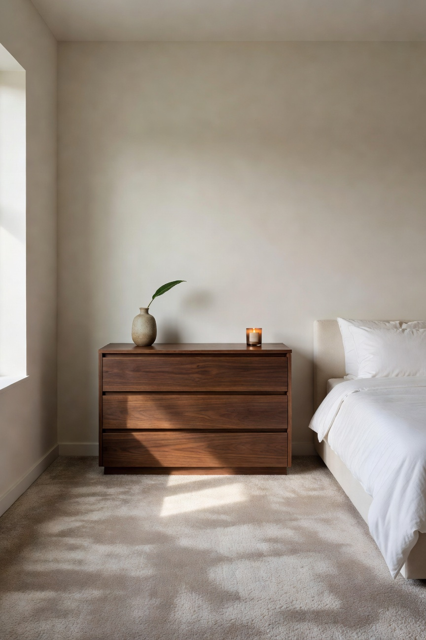 A clean and organized wooden dresser in a sunlit bedroom demonstrating the visual silence protocol for bedroom furniture decor.