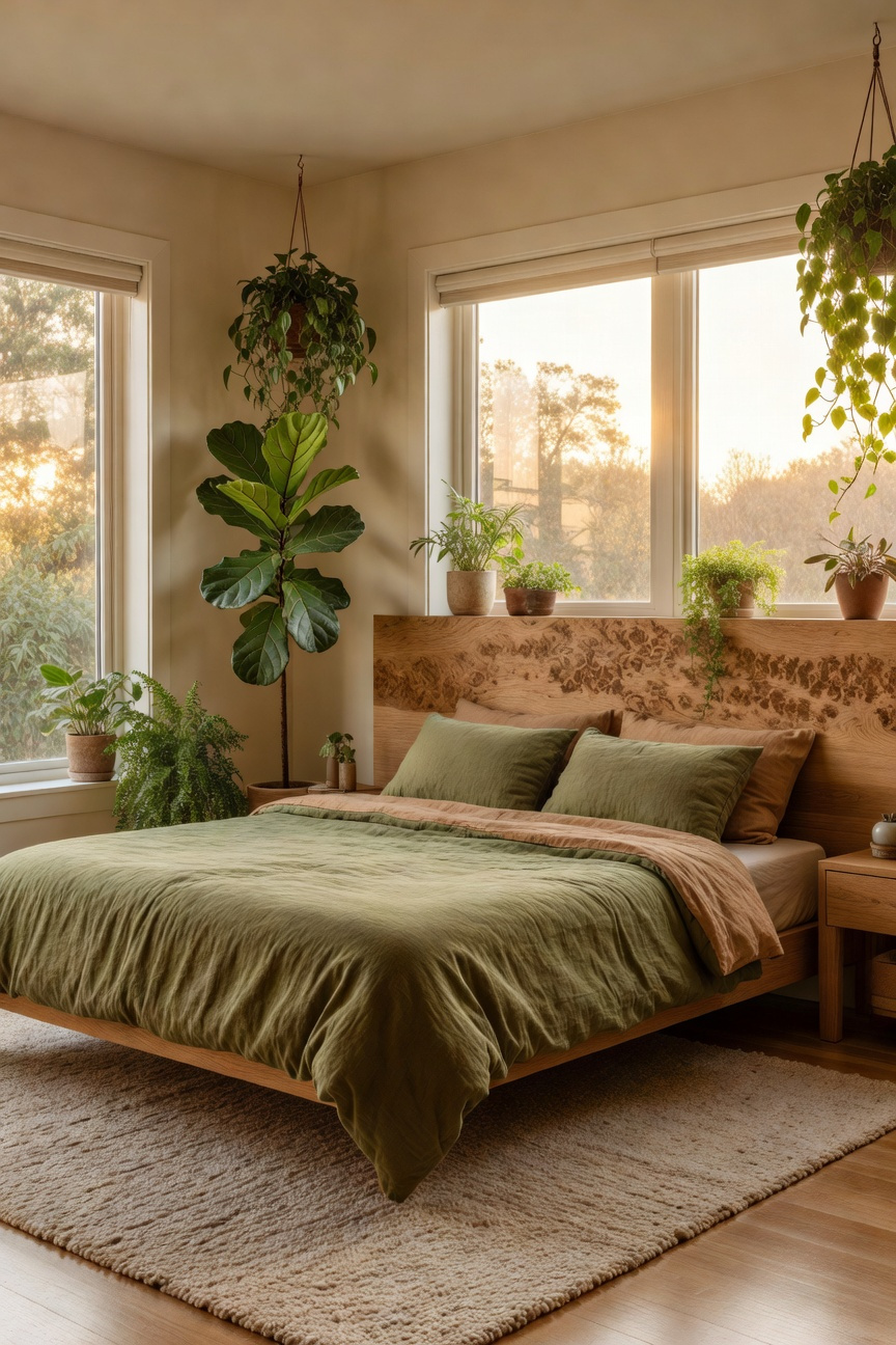 A bright and airy bedroom featuring a natural oak wood headboard, organic textures, and lush indoor plants to demonstrate biophilic furniture decor.
