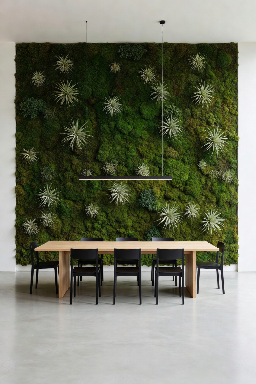 Minimalist dining room featuring a large, integrated vertical green wall spanning floor to ceiling, acting as the sole piece of decor above a pale wood dining table.