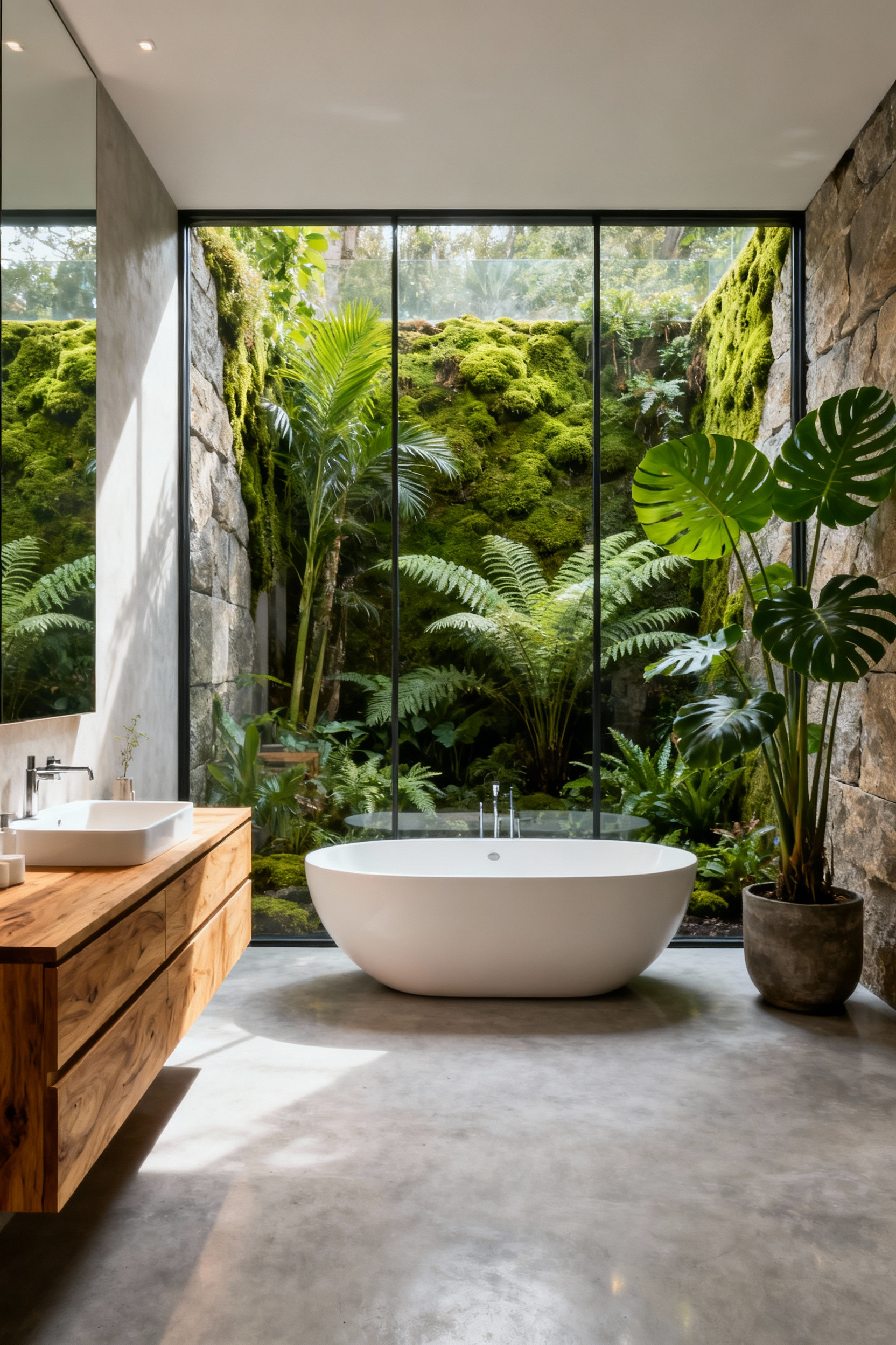 A luxurious modern bathroom featuring biophilic design elements, including a freestanding tub, wood vanity, concrete floors, and a floor-to-ceiling window overlooking an integrated indoor moss and tropical plant garden.