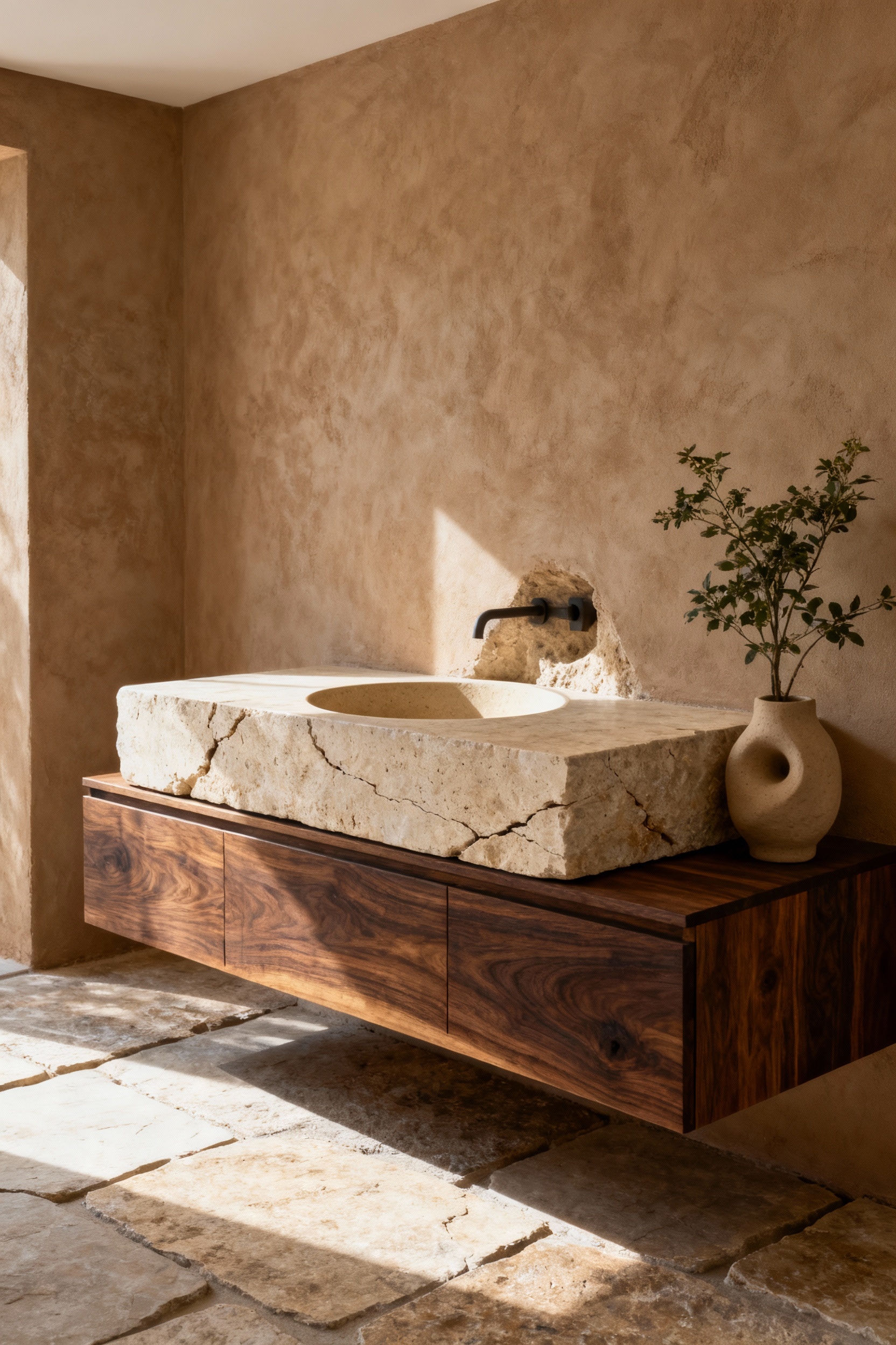 Biophilic bathroom vanity design featuring a floating walnut wood cabinet, honed travertine countertop, and a clay vessel sink under soft natural lighting, emphasizing grounding natural textures.