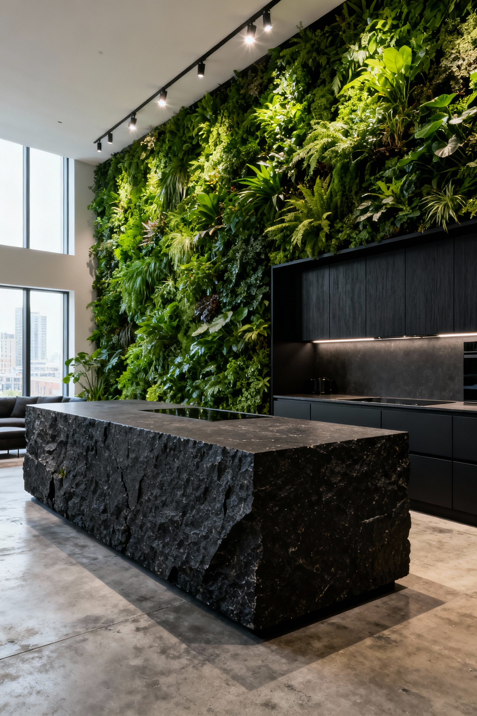 A high-contrast modern biophilic kitchen featuring a full vertical living wall contrasting sharply with a rough basalt stone island and raw concrete floors.
