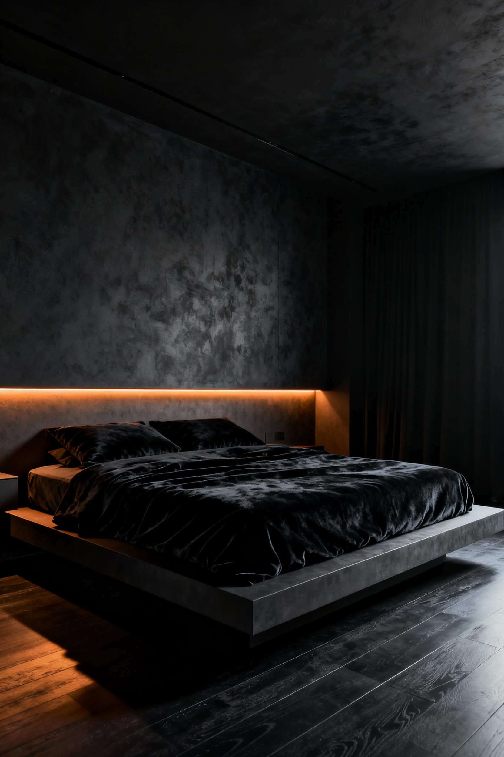 A modern, luxurious bedroom with matte black walls and layered dark bedding, illuminated by a single strip of warm recessed amber light to illustrate an environment designed for maximum darkness and deep sleep.