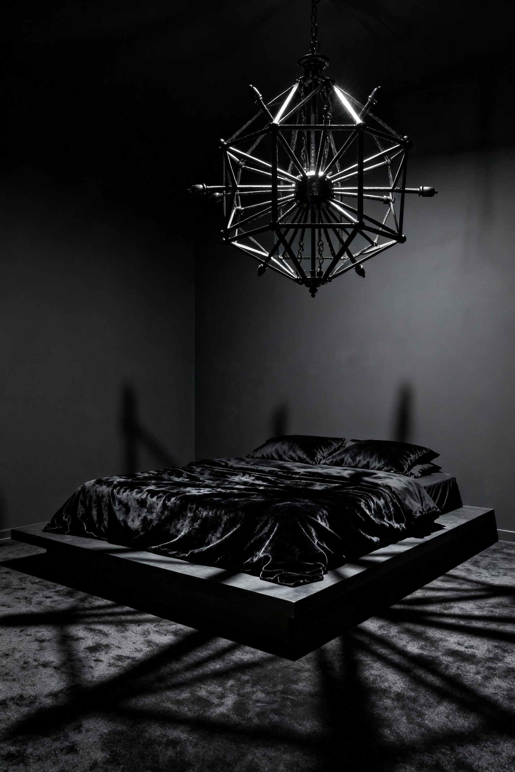 A luxury black bedroom featuring a geometric wrought iron chandelier casting sharp, dramatic chiaroscuro shadows across the matte black walls and textured bedding.