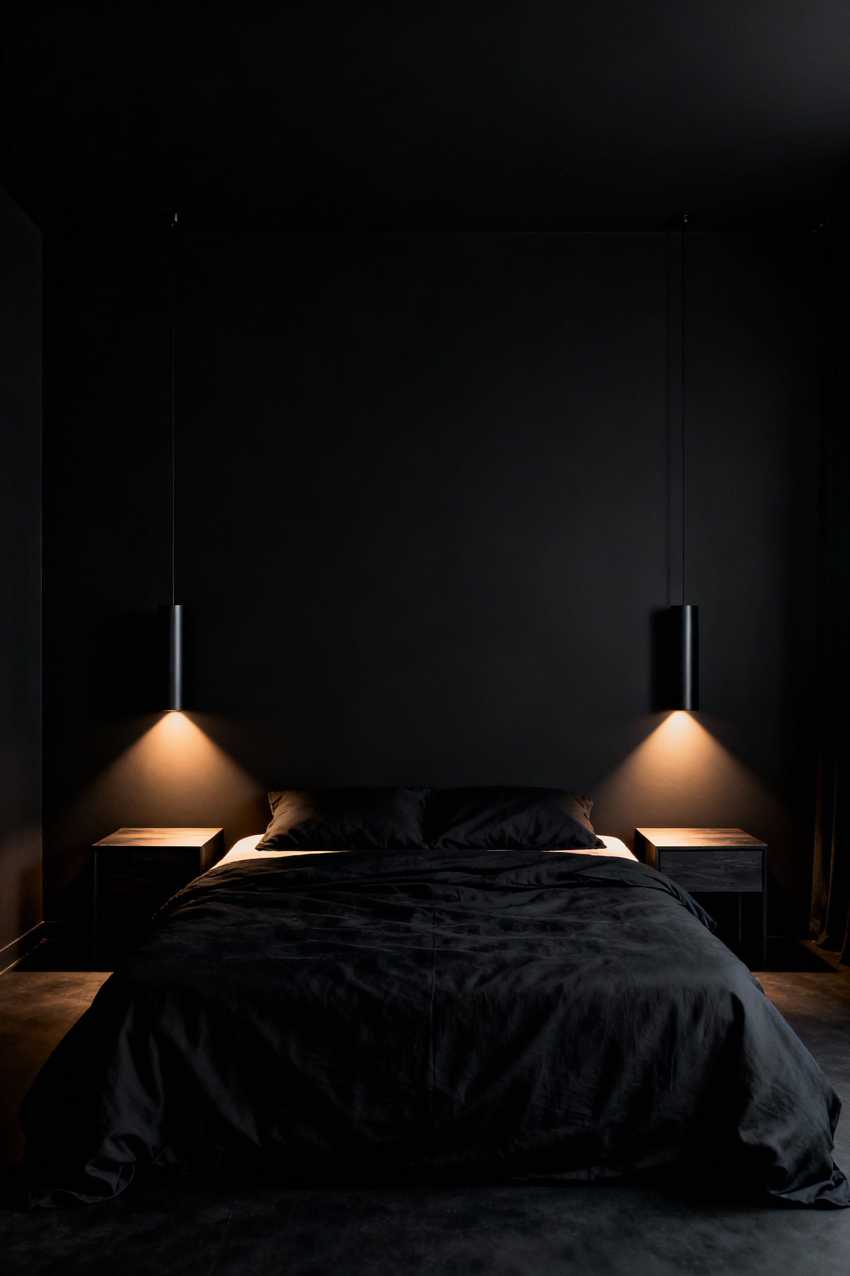 Dramatic black bedroom aesthetic showcasing two cylindrical wall sconces casting sharp, warm light pools onto minimalist nightstands and black linens.