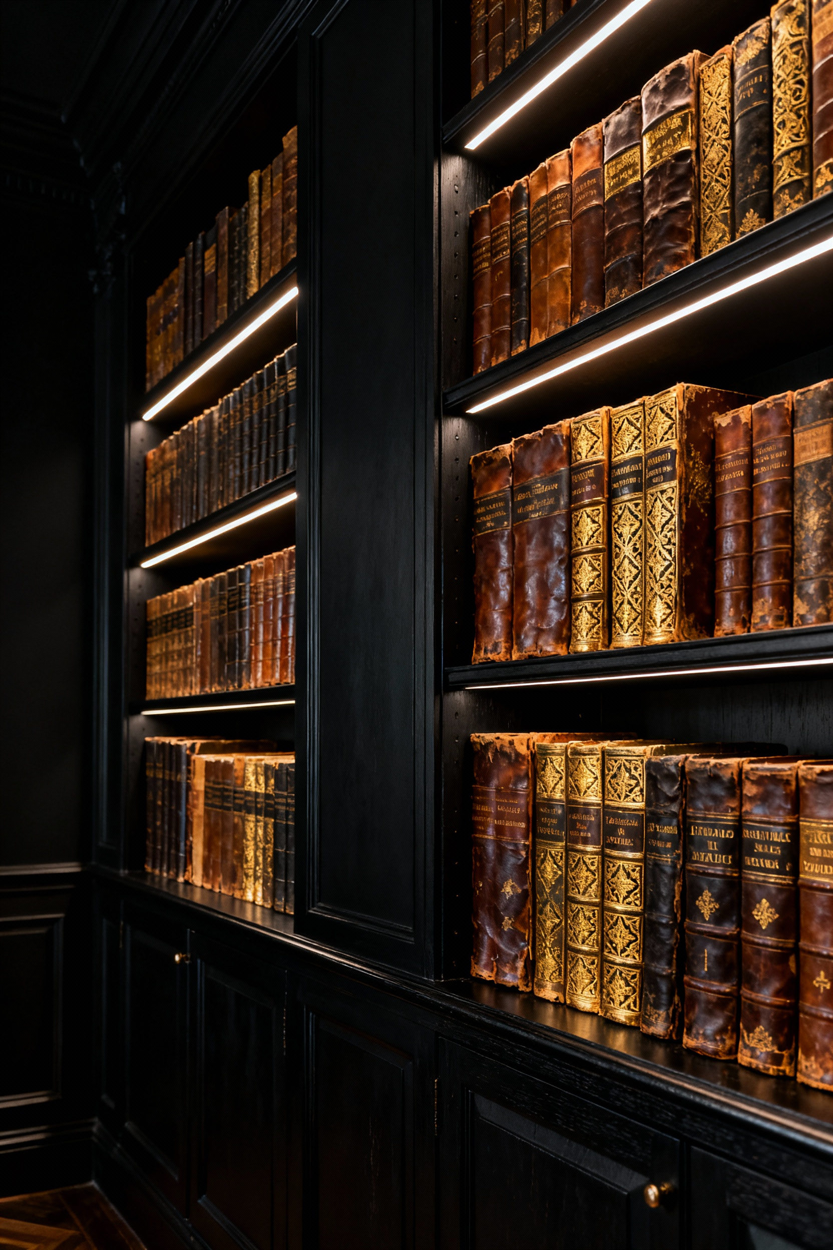 Built-in shelving filled with gold-tooled antique books set against a matte black dining room wall, dramatically lit to enhance the metallic contrast.