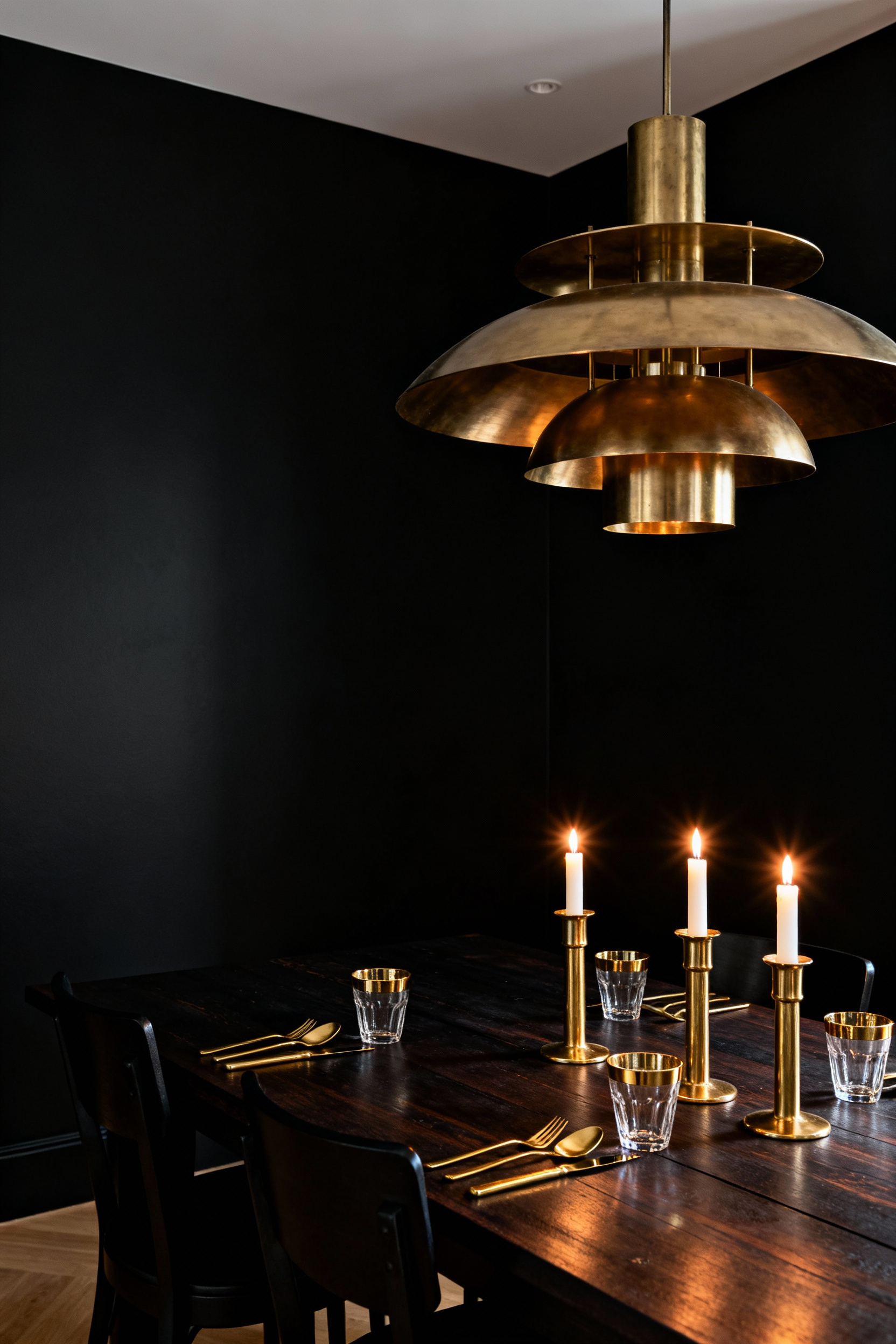 A photograph of a formal dining room with matte black walls. Polished unlacquered brass accents, including a chandelier and tabletop decor, dramatically reflect warm candlelight against the dark, moody background.