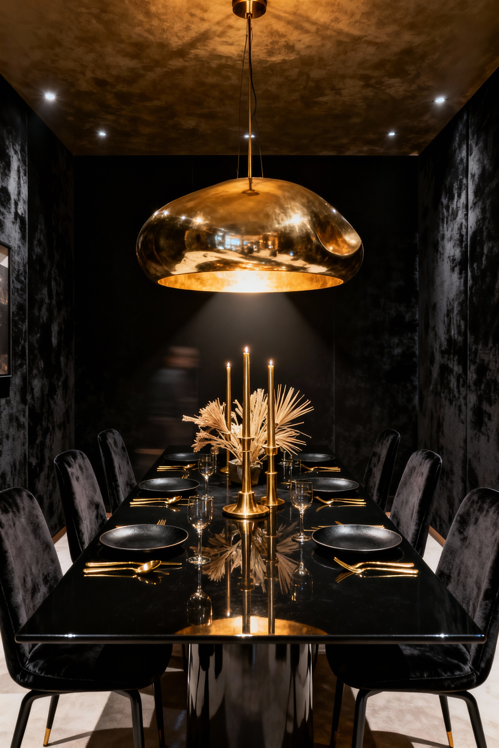 A dramatic and sophisticated dining room featuring matte black walls and ceiling. The dark backdrop powerfully amplifies warm gold and brass accents, including a large sculptural chandelier and reflective table settings, creating a luxurious and curated atmosphere.