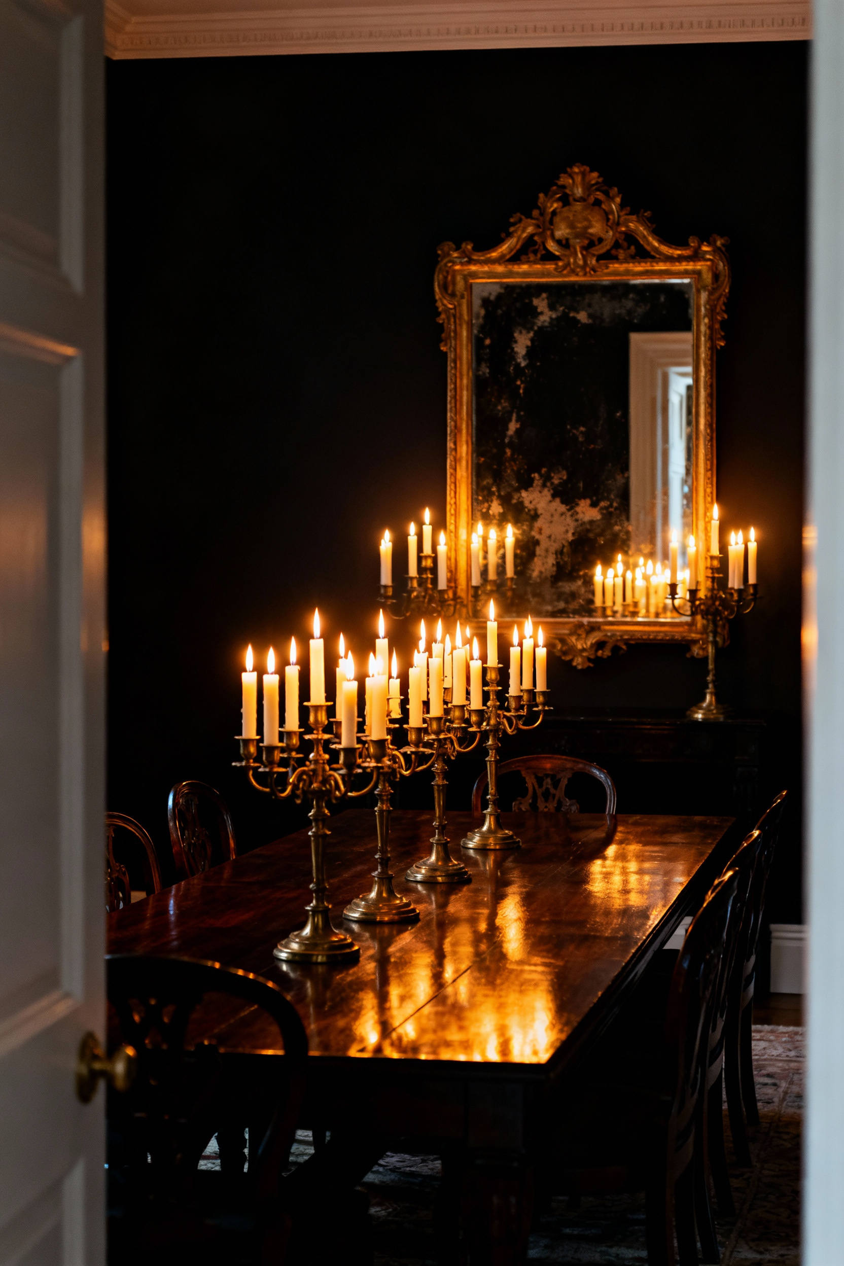 A dramatic dining room featuring deep black walls and a dark wood table. Numerous flickering candles in antique candelabras are reflected in a large, ornate antique mirror, intensifying the warm glow against the black dining room walls.
