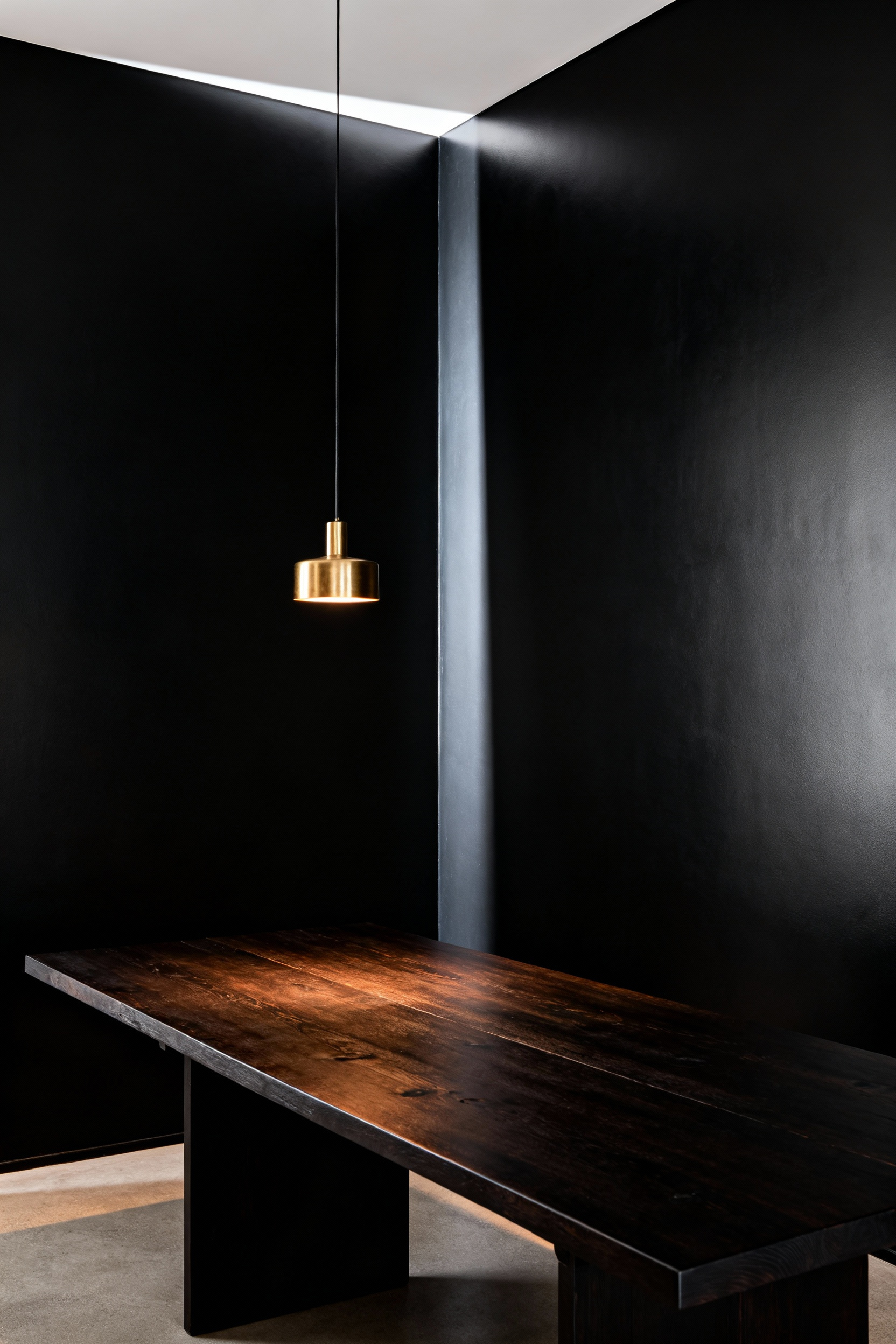 A modern dining room with dramatic black walls, demonstrating the visual difference between matte black (light-absorbing void) and satin black (reflective sheen) under focused directional lighting.