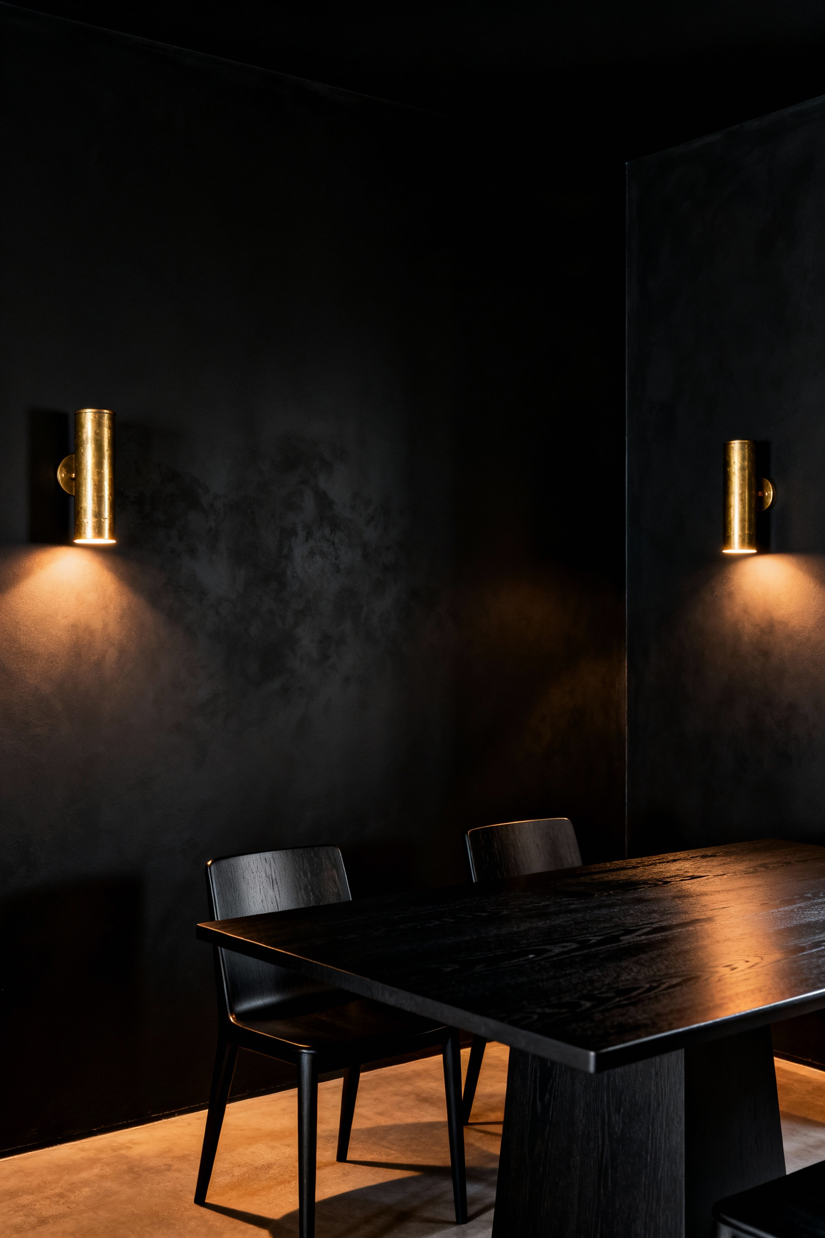 Architectural photography of a sophisticated dining room with ultra-matte black walls. Warm light streams from two symmetrical brass wall sconces, creating soft, deep shadows and perimeter warmth around a dark oak dining table.
