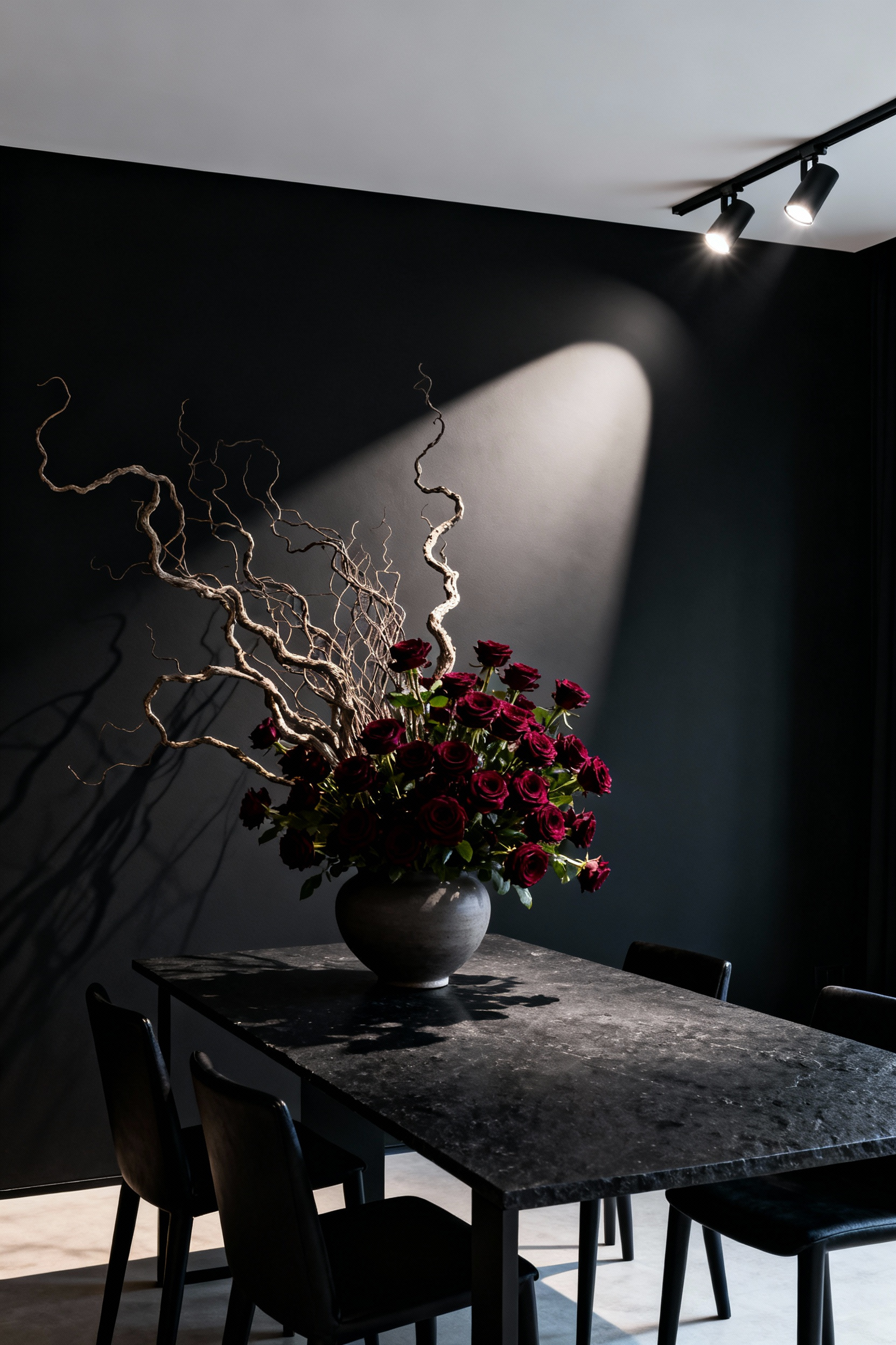 Dramatic sculptural curly willow branches casting elongated, sharp shadows onto a sophisticated matte black dining room wall, highlighting the high contrast and drama of the botanical installation.