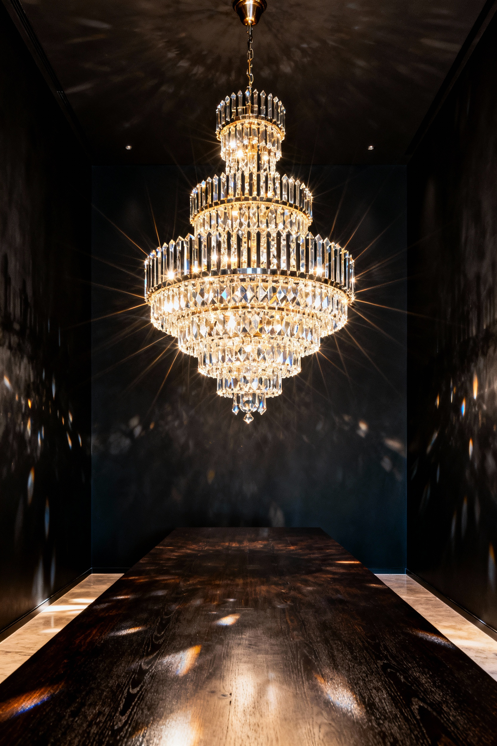 A dramatic luxury dining room featuring deep matte black walls and a large, sparkling crystal chandelier hanging above a dark wood table, highlighting the contrast between the light-absorbing walls and the highly refractive fixture.