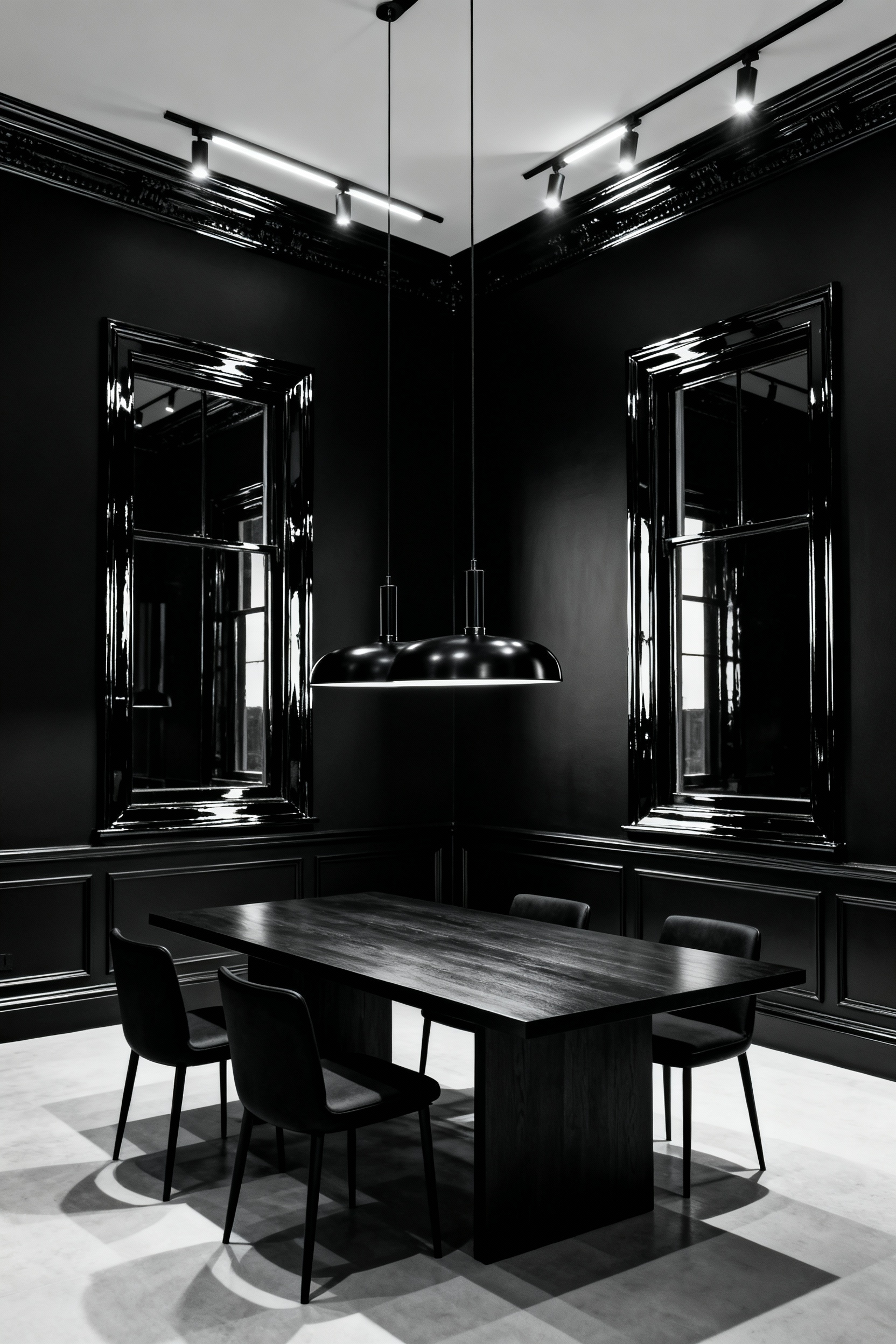 A modern dining room with black walls and subtle definition achieved by painting the large wall surfaces in matte black and all architectural trim in high-gloss black.