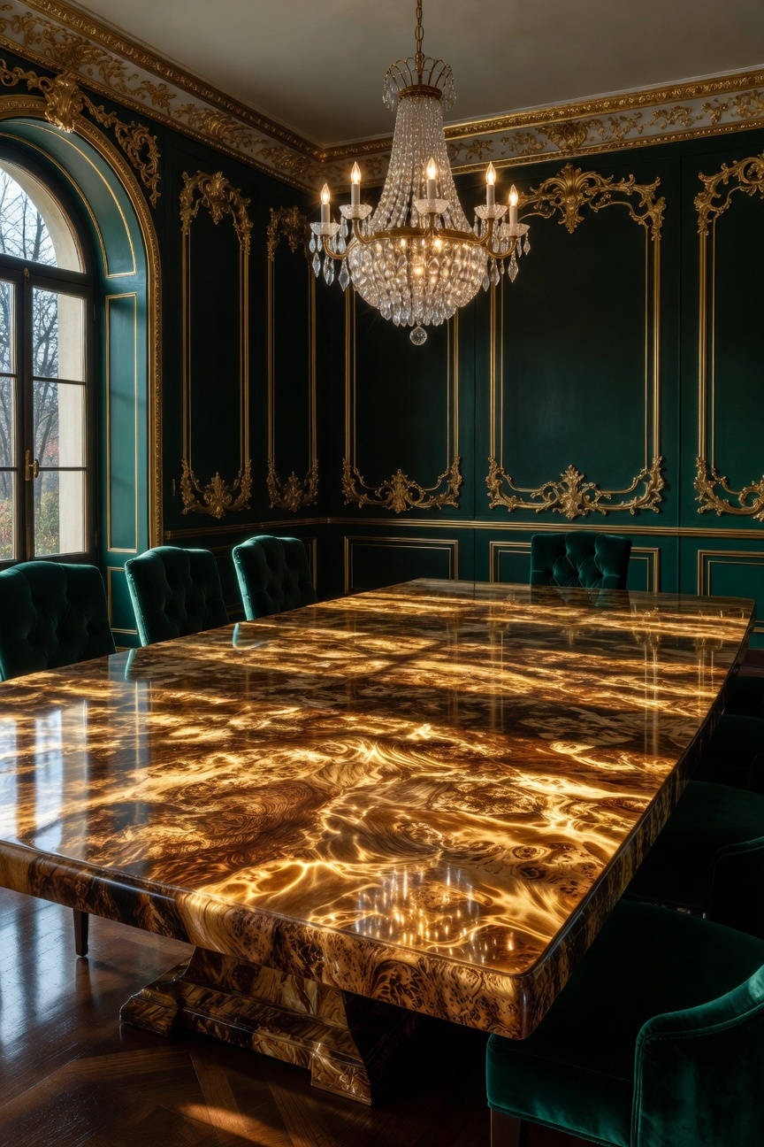 A massive burl wood dining table with swirling golden grain patterns as a centerpiece in a maximalist dining room with emerald walls and gold accents.