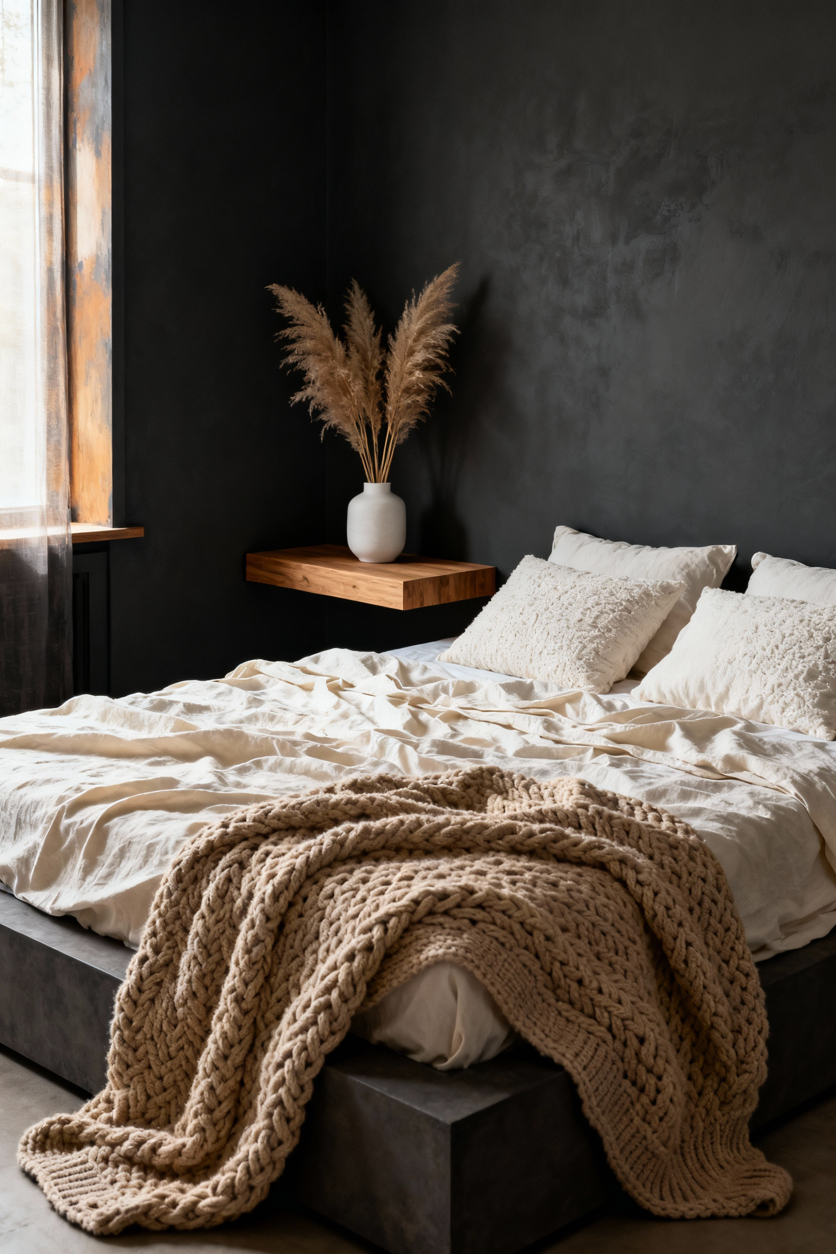 Minimalist bedroom painted in warm matte charcoal gray, featuring layered cream linen and knit organic textures to emphasize a tranquil, cocooning aesthetic.