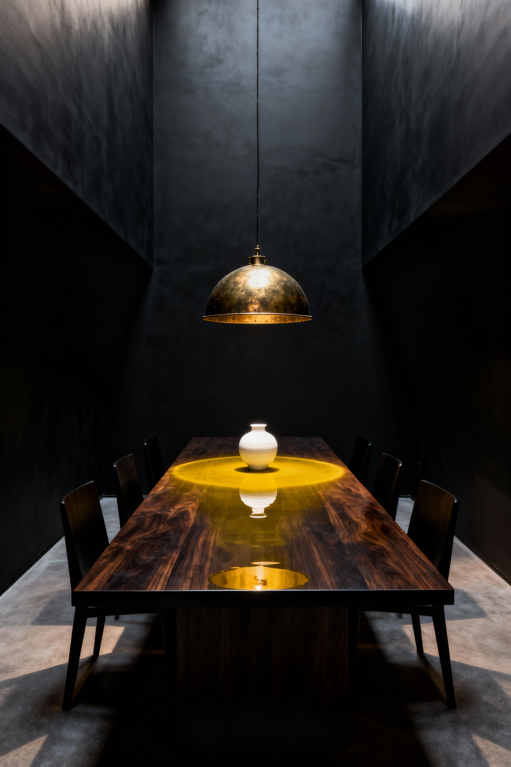 A dramatic interior shot of a sophisticated dining room featuring matte black walls and ceiling, using the chiaroscuro technique. A single brass pendant light casts an intense, focused circle of warm light onto a dark wood dining table, emphasizing sharp contrast and deep shadows against the enveloping dark void.