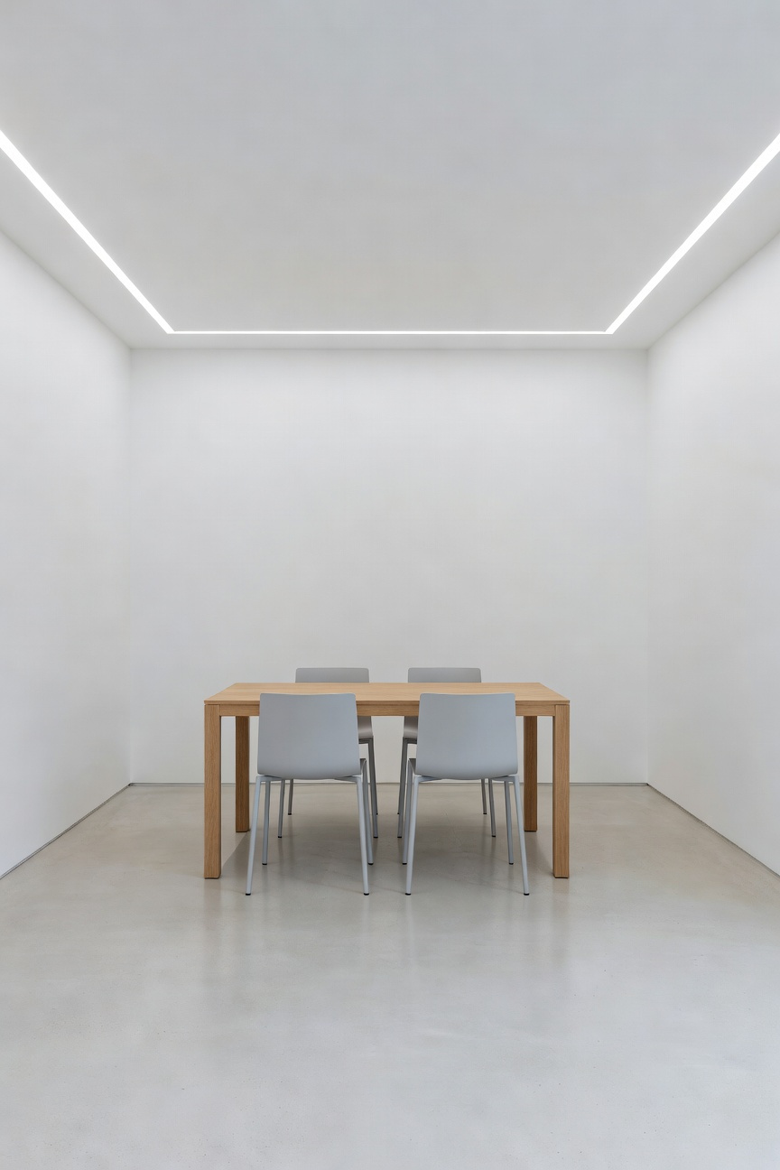 Minimalist dining room flooded with high-intensity cool white circadian lighting (6000K) to emphasize morning clarity and architectural precision.