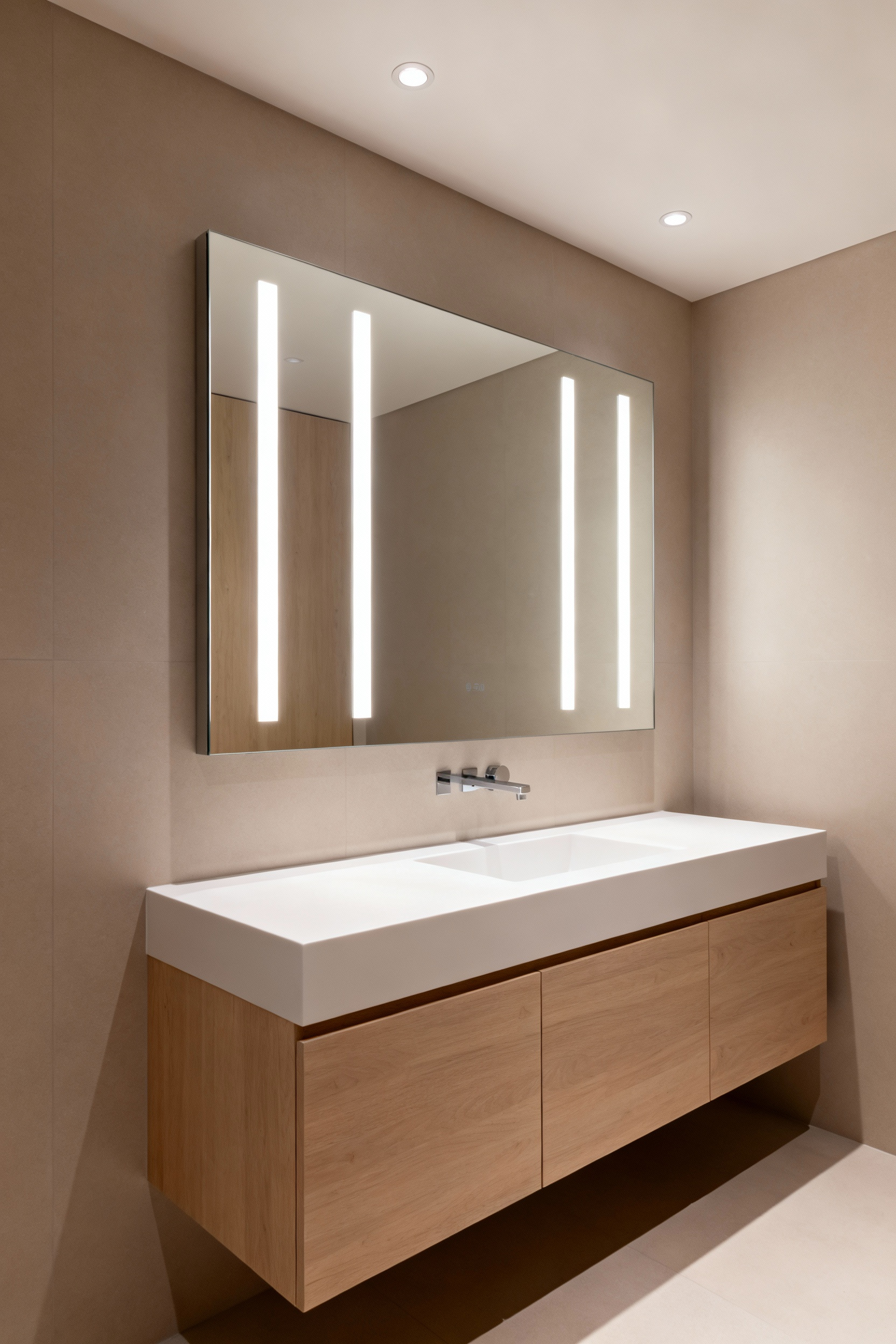 High-end bathroom vanity featuring integrated vertical LED lighting optimized to maximize Equivalent Melanopic Lux (EML) for regulating melatonin and supporting natural circadian rhythms.