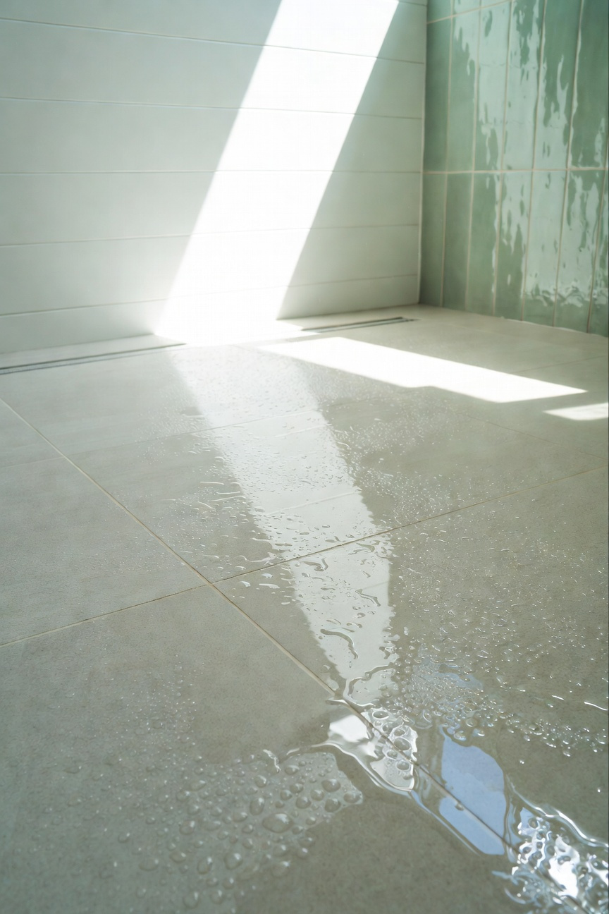 Seamless coastal wet room floor featuring matte light grey slip-resistant tiles covered in water droplets, contrasting with seafoam green wall tiles under bright natural light.