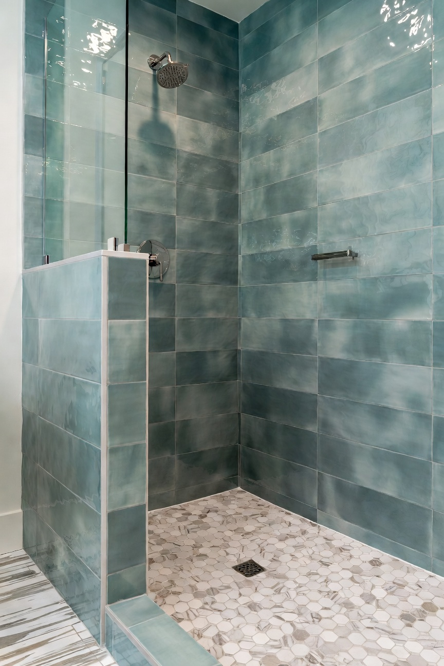 Full scene photograph of a coastal bathroom shower featuring seafoam green tiles and bright white epoxy grout lines, demonstrating durable, non-porous protection against salt air and humidity.