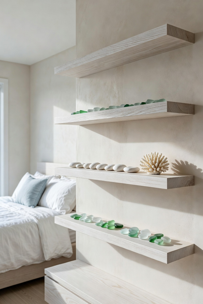 Contemporary coastal bedroom featuring floating white ash wood shelves decorated with sea glass and ocean finds in a bright minimalist setting.