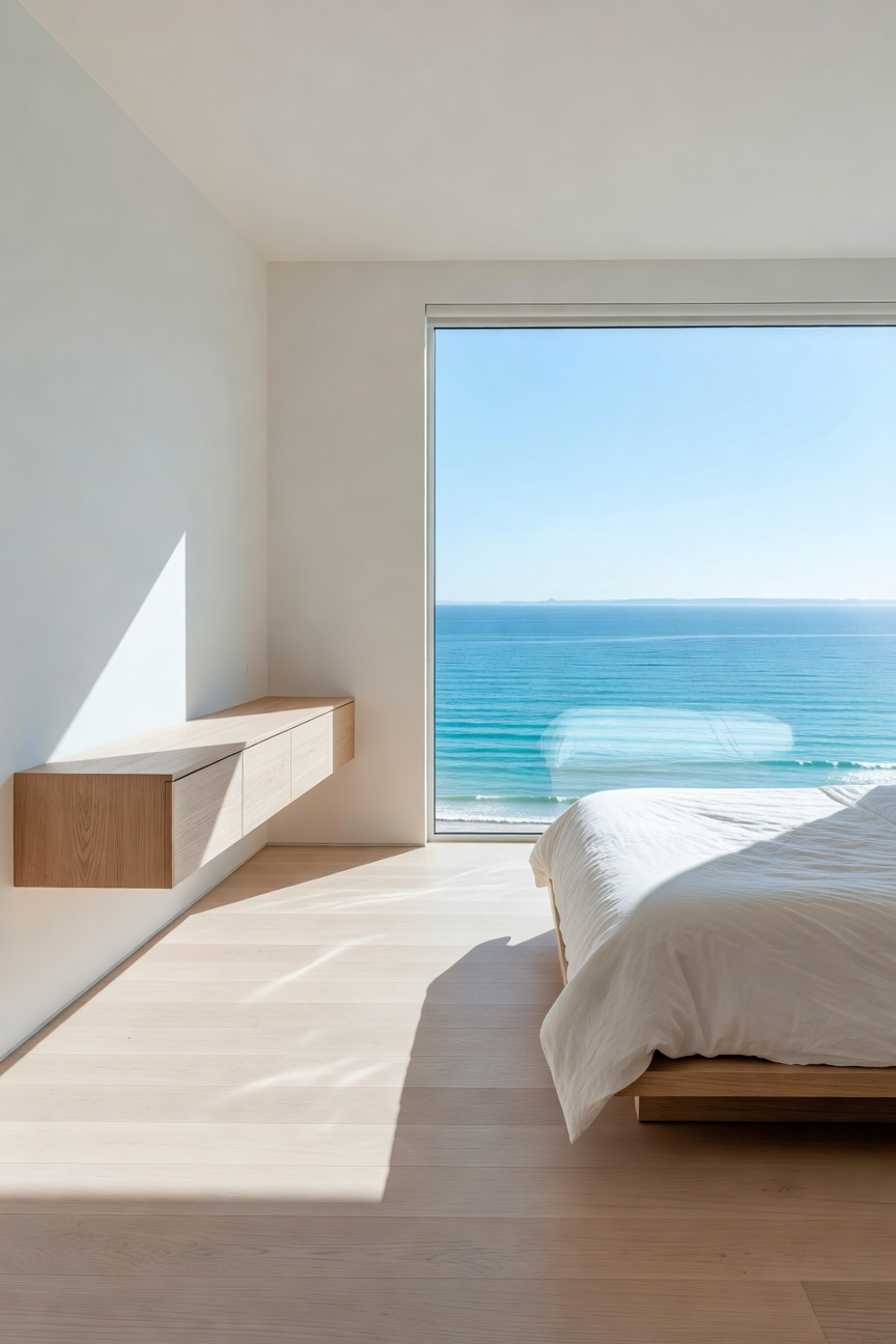 A bright coastal bedroom featuring space-saving floating consoles and shallow wooden furniture to maximize floor space and maintain an open airy layout.