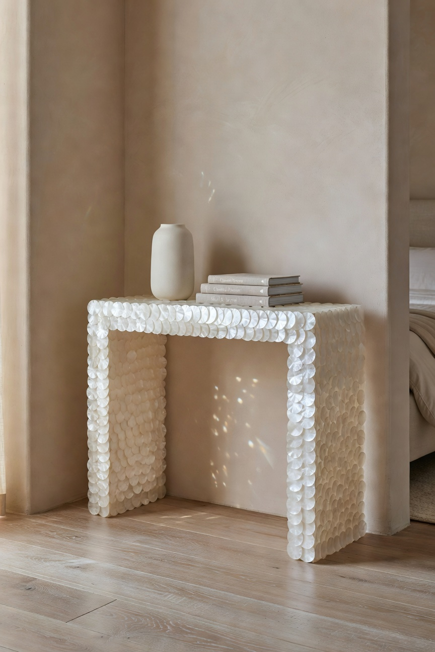 A shimmering pearlescent Capiz shell accent console table brightening a sophisticated coastal bedroom corner.