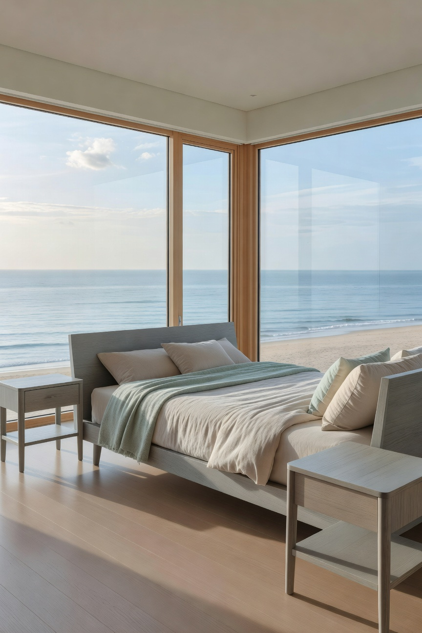 A serene master bedroom featuring coastal bedroom furniture in driftwood gray with a view of the ocean through large windows.
