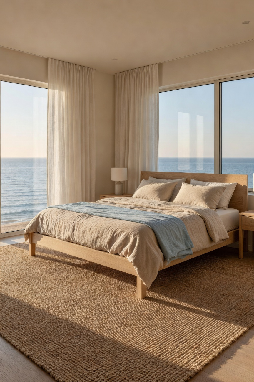 A spacious coastal bedroom featuring a large natural jute rug under light wood furniture with a view of the ocean through large windows.