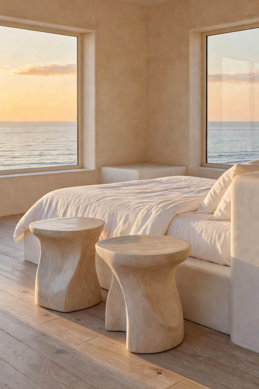 A bright coastal bedroom featuring white curved plaster side tables and neutral linen bedding with an ocean view.