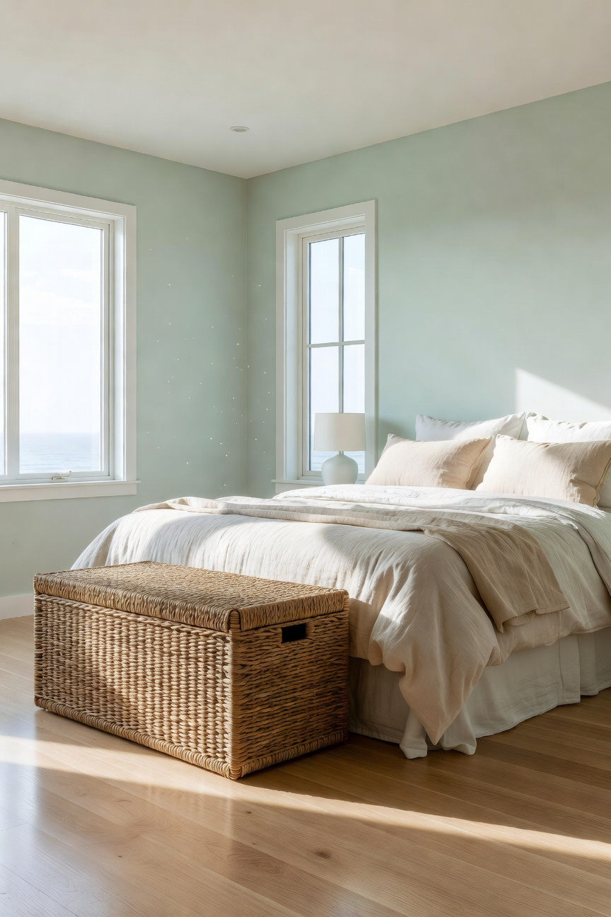A large woven seagrass storage trunk sitting at the foot of a bed in a bright coastal bedroom with natural lighting.