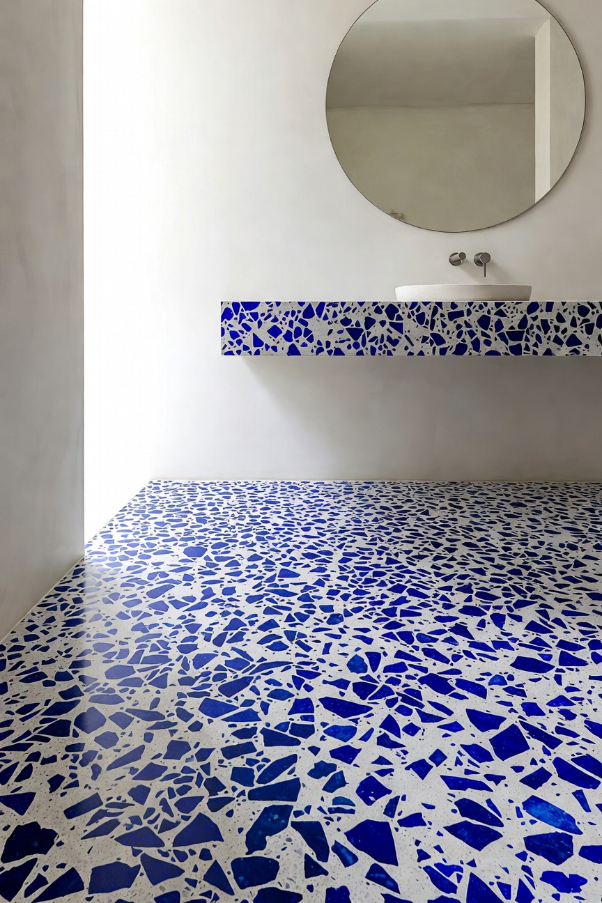 Coastal bathroom featuring a light gray terrazzo floor and vanity top embedded with vibrant sapphire blue aggregate chips, reflecting Mid-Century Modern design.