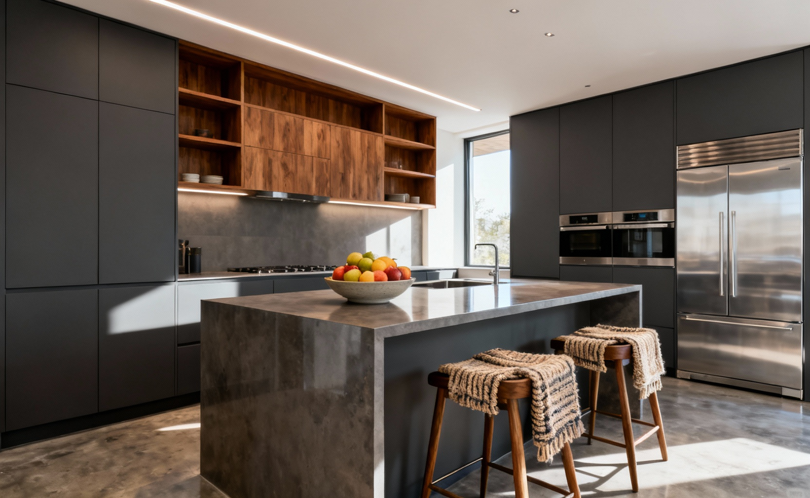 A contemporary kitchen combining dark gray minimalist cabinets, rich walnut wood accents, and warm architectural lighting to create a welcoming, sophisticated atmosphere.