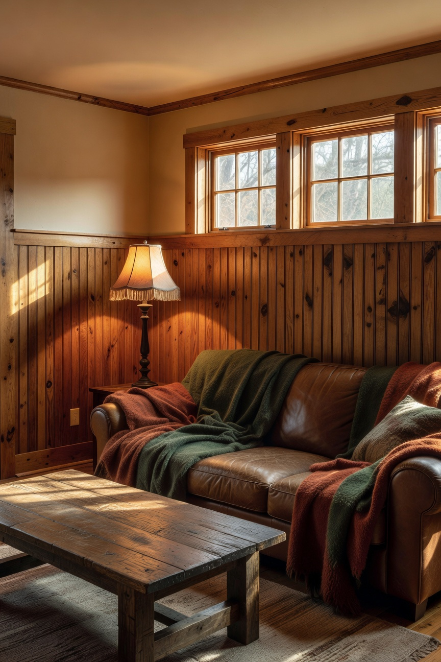 A cozy living room with rustic lodge decor featuring wide V-groove wood beadboard wall panels and warm sunlight.