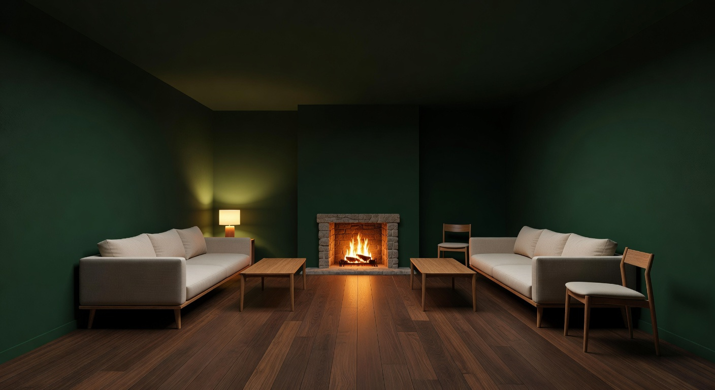 A moody living room with dark green walls and dark wood floors creating a cozy envelope effect with warm lighting.