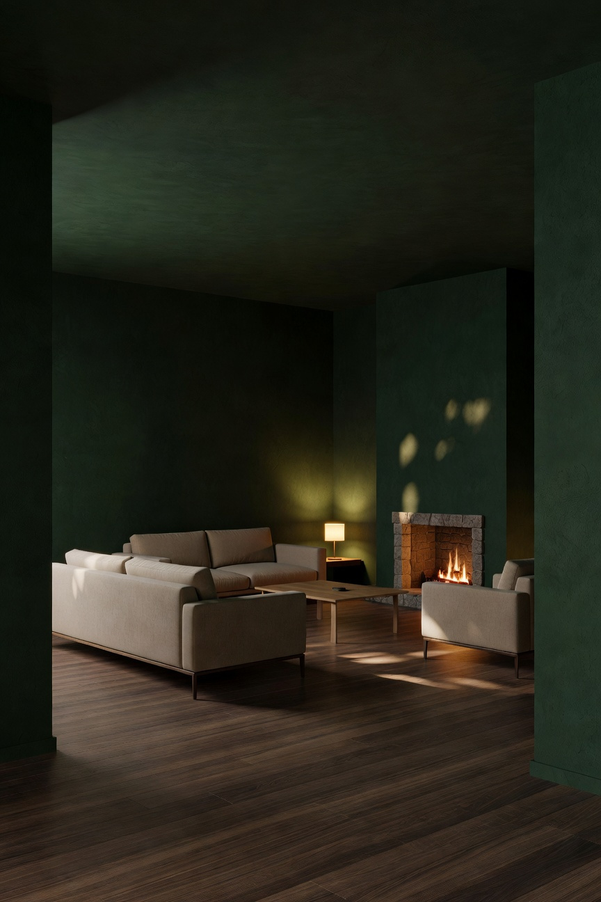 A moody living room with dark green walls and dark wood floors creating a cozy envelope effect with warm lighting.