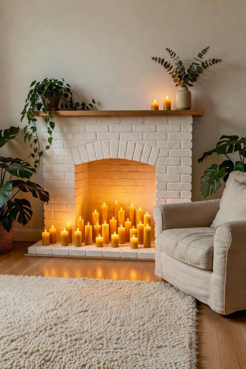 A cozy living room featuring a white brick fireplace filled with a large group of glowing beeswax pillar candles of varying heights.