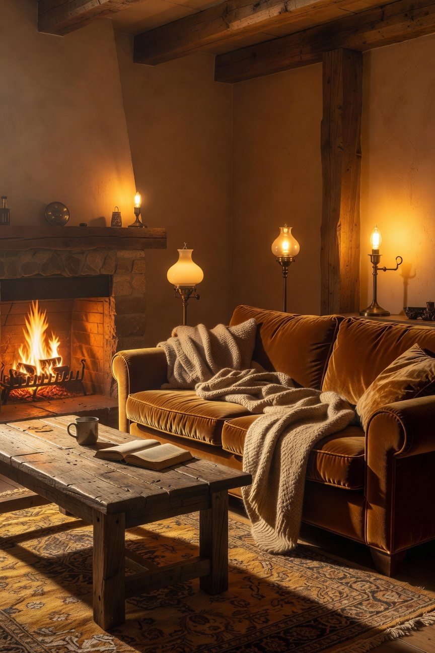 A cozy living room interior bathed in warm amber lighting with a fireplace and soft textures.