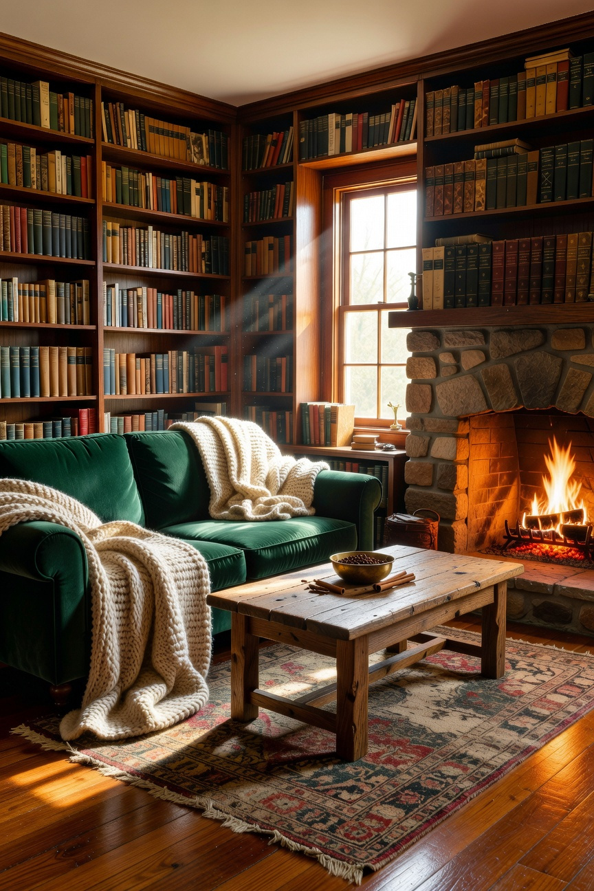 A nostalgic and cozy living room filled with old books, cedar wood furniture, and a warm fireplace glow.