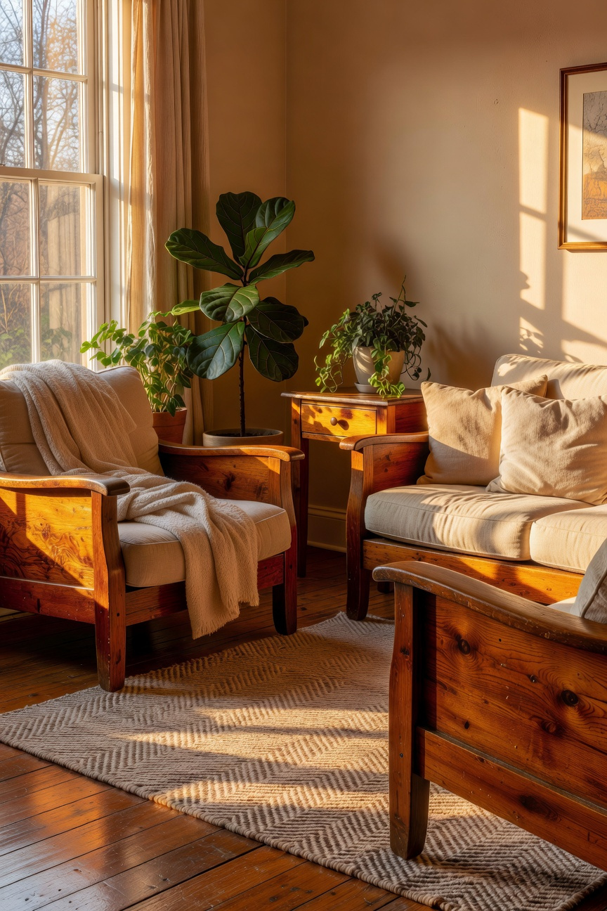 A cozy living room interior featuring vintage honey-toned wooden furniture and flooring illuminated by warm natural sunlight.