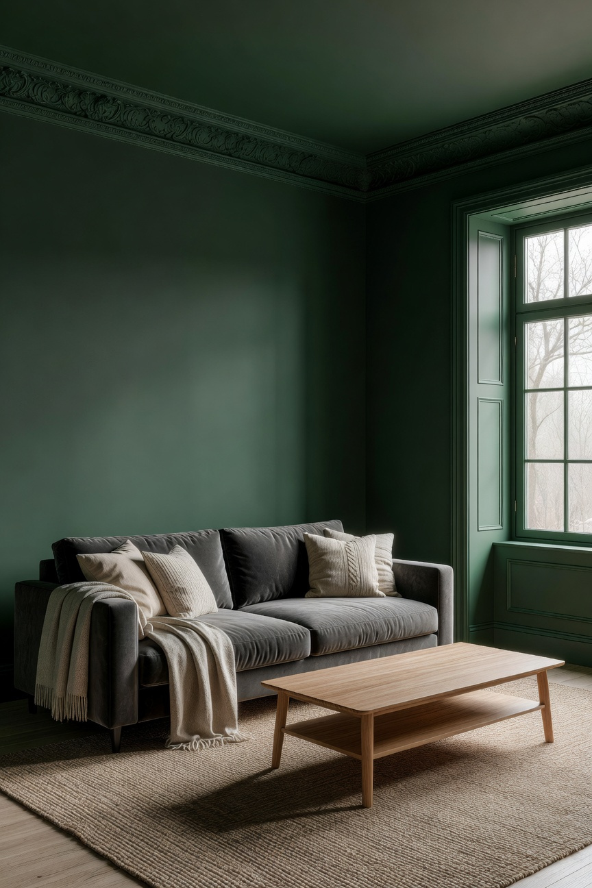 A cozy living room featuring the color drenching technique with walls, trim, and ceiling all painted in a matching deep forest green hue.